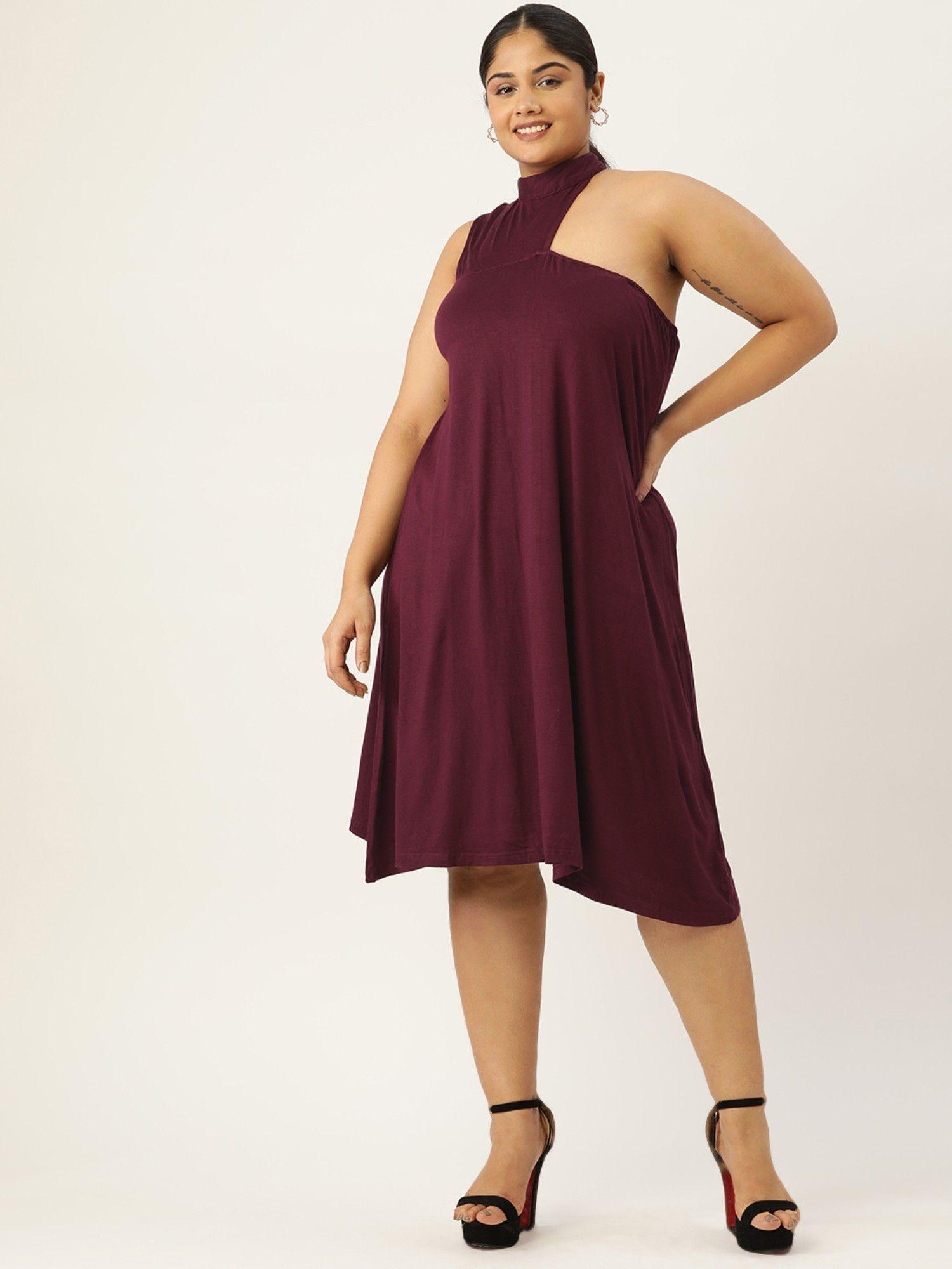plus size womens purple solid high neck a-line midi dress