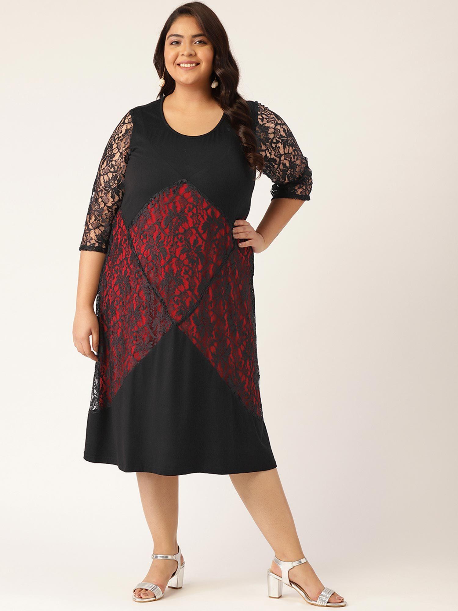 plus size womens red & black lace solid color a-line midi dress