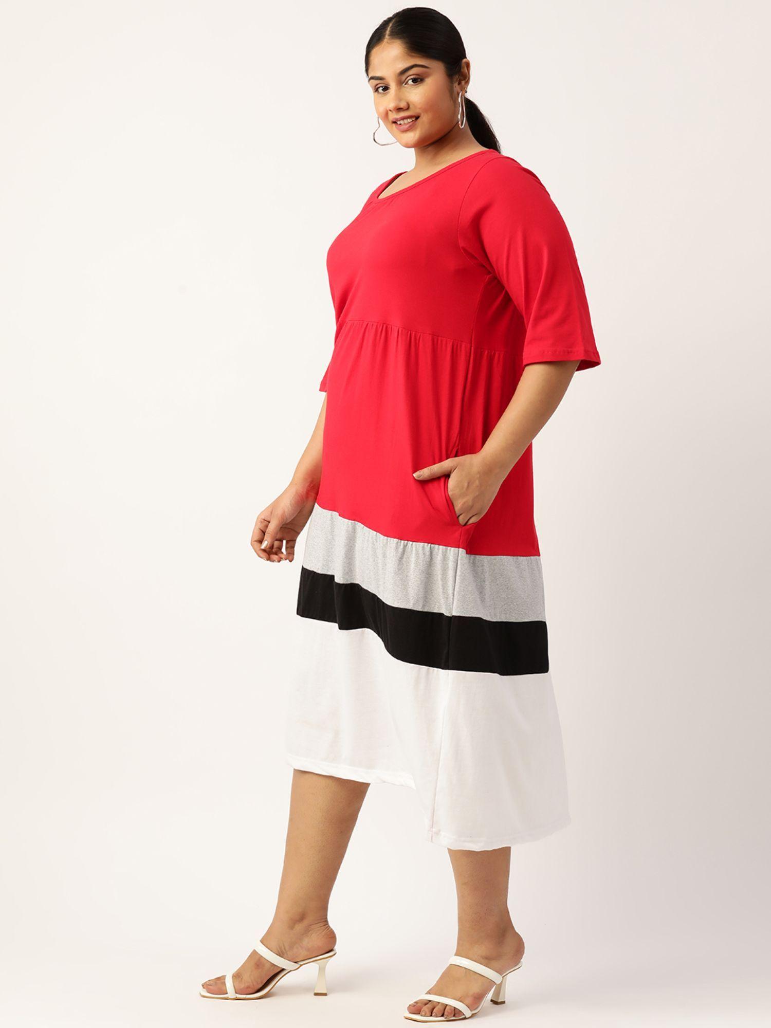 plus size womens red colourblocked a line midi cotton dress