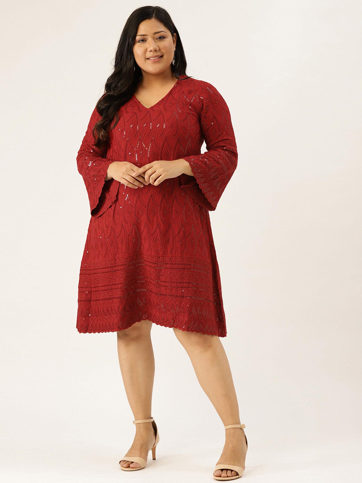 plus size womens red embroidered & sequinned a-line dress