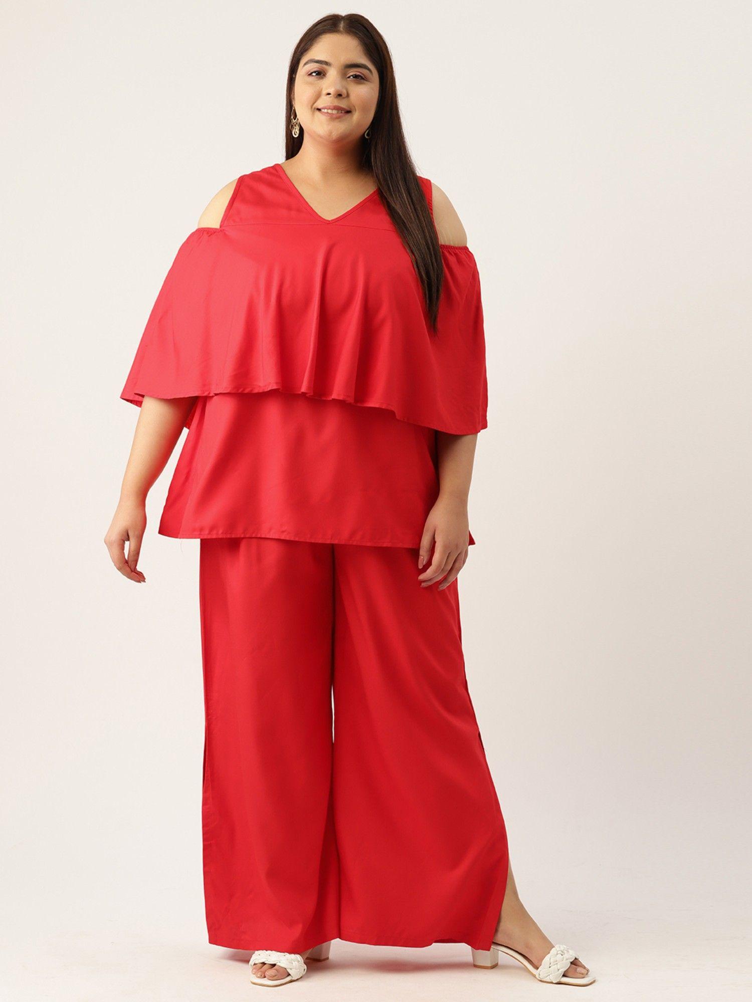 plus size womens red solid cold shoulder top with palazzo (set of 2)