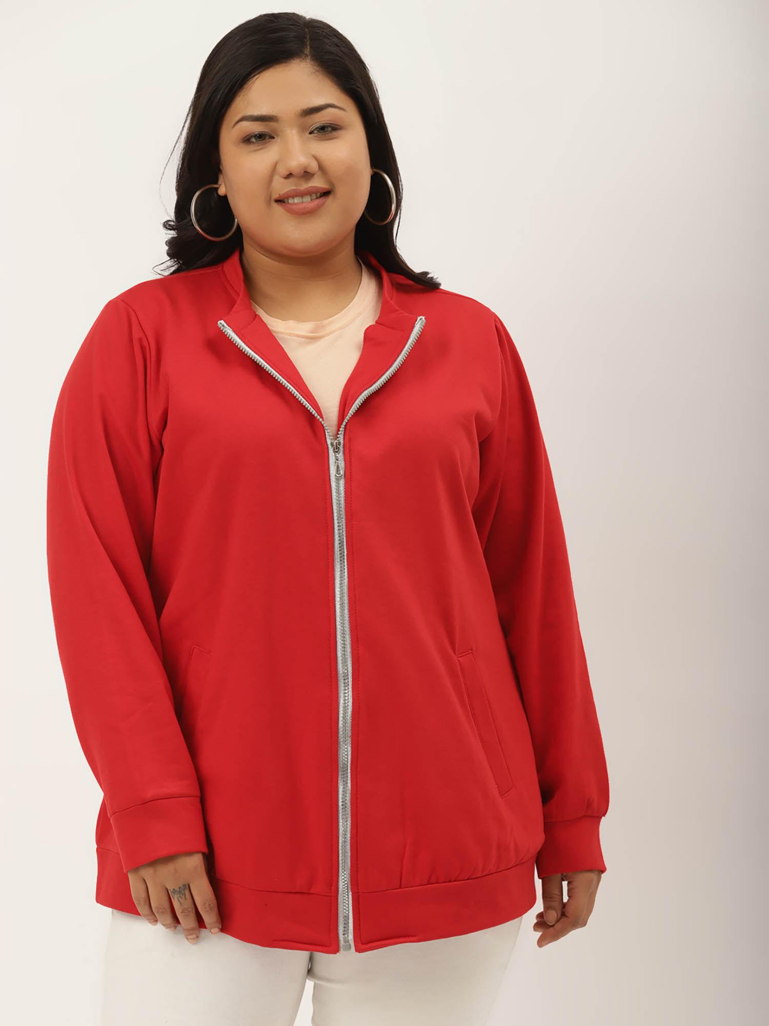 plus size womens red solid color bomber fleece jacket