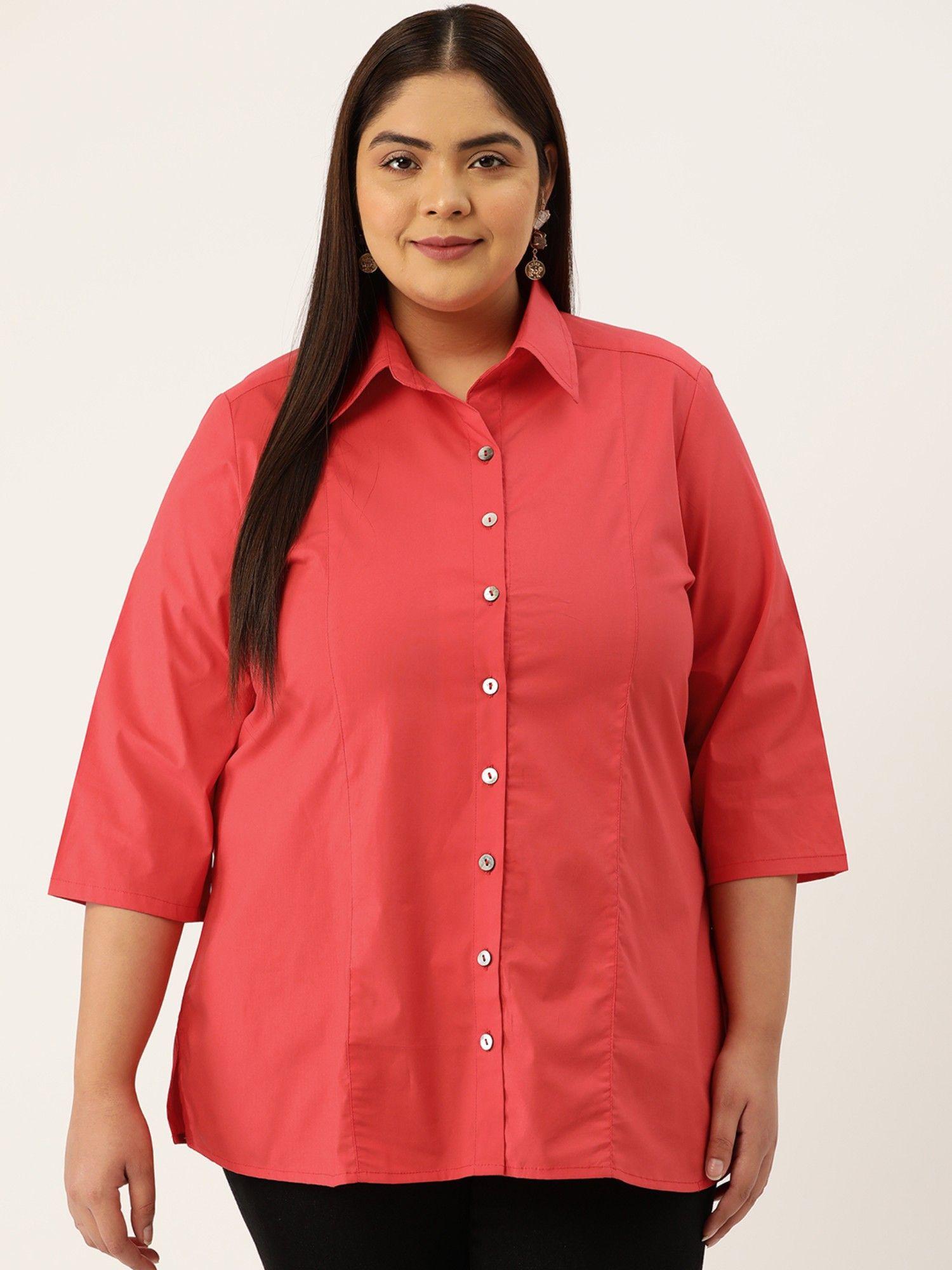 plus size womens red solid color button closure casual shirt