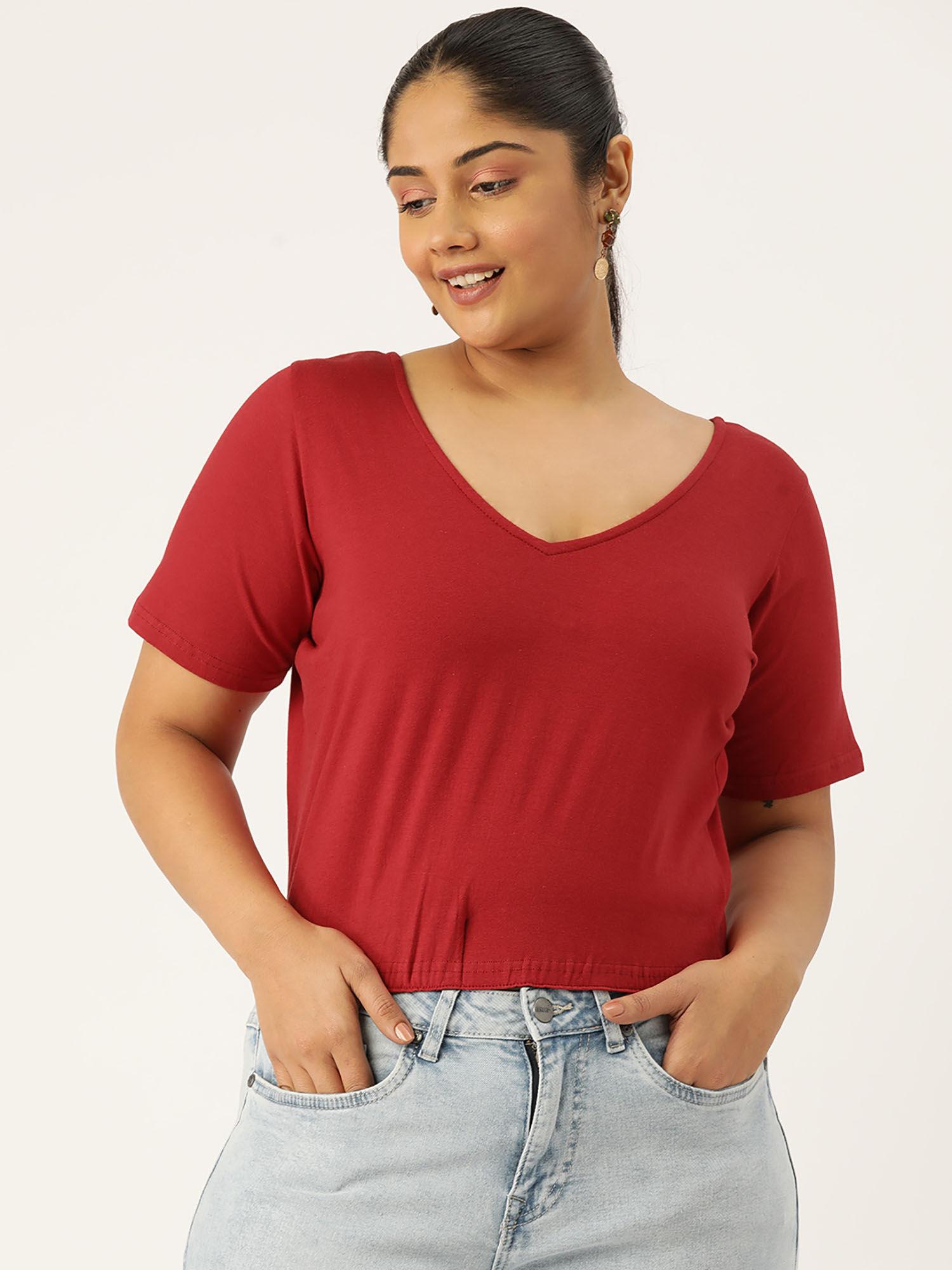 plus size womens red solid color crop top