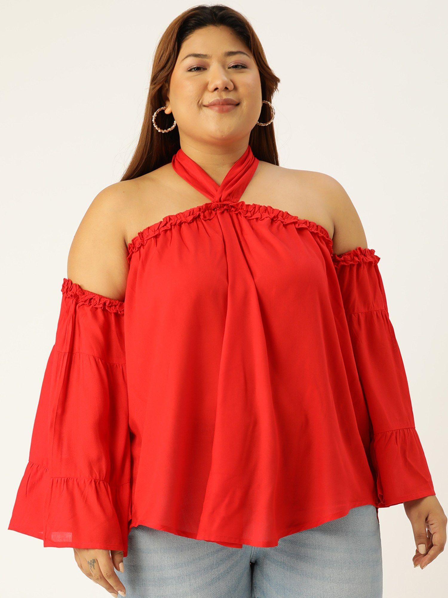 plus size womens red solid color halter neck woven top