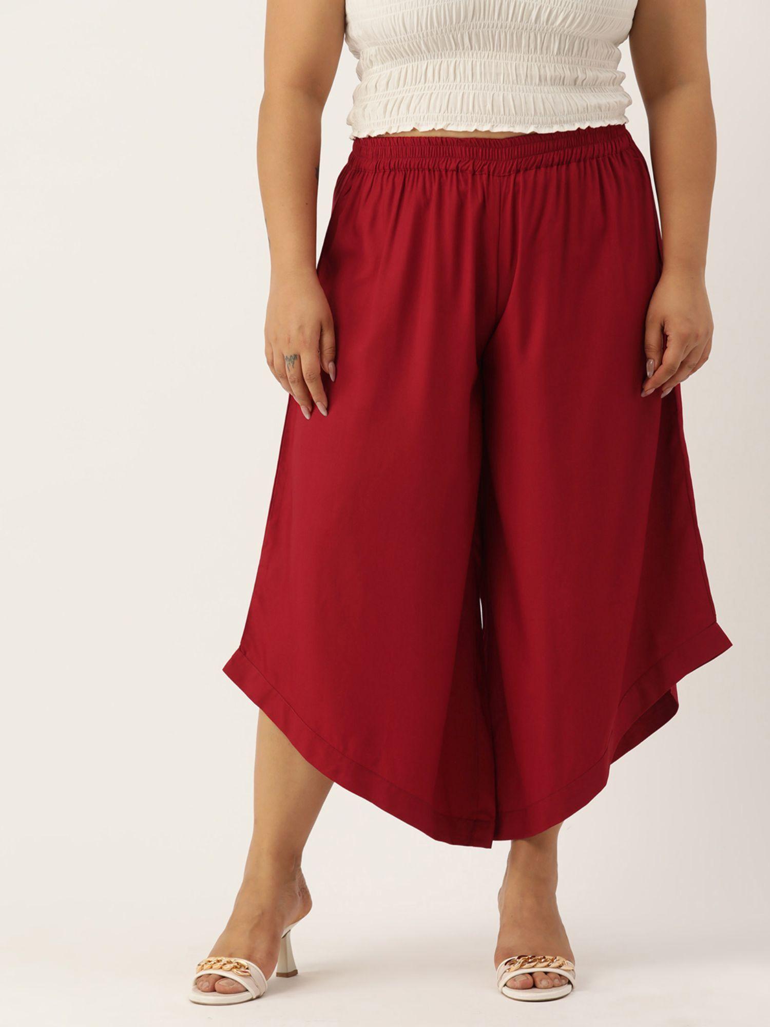 plus size womens red solid color high-rise relaxed culottes