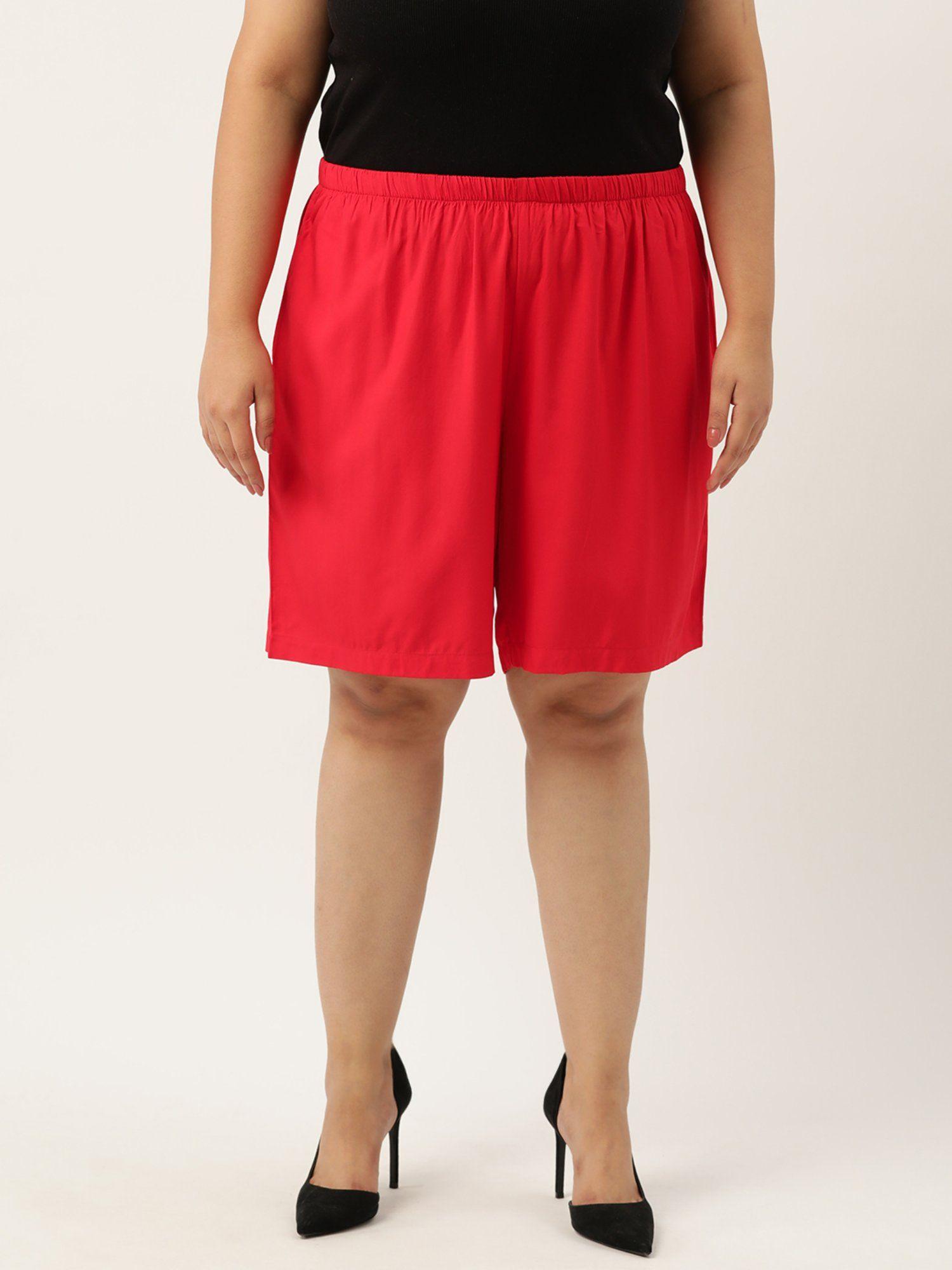 plus size womens red solid color high rise shorts