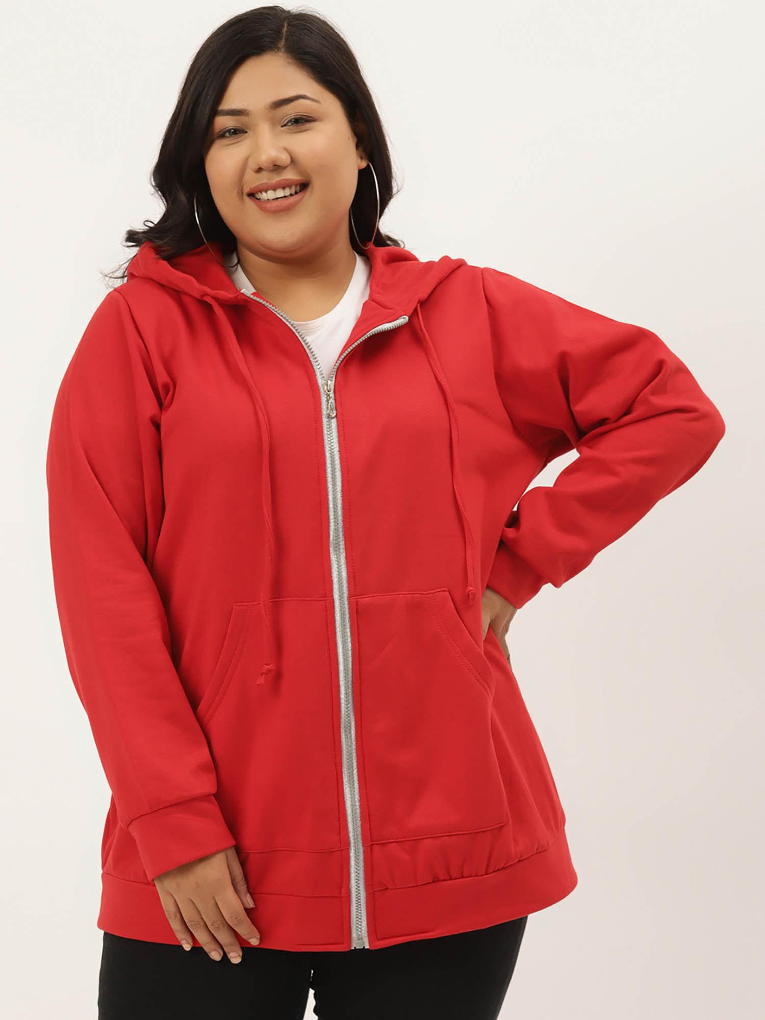 plus size womens red solid color hooded fleece jacket