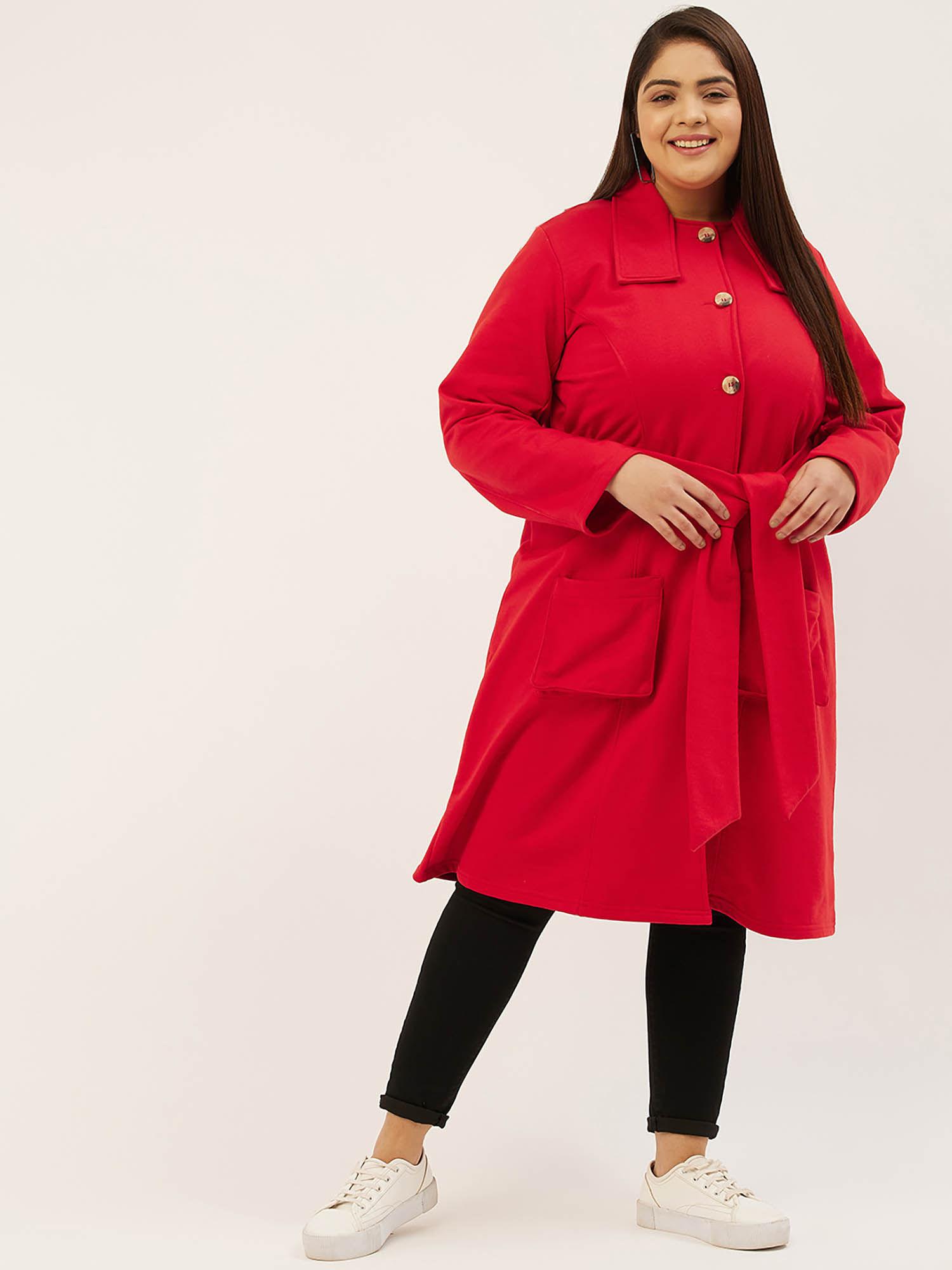 plus size womens red solid color longline coat (set of 2)