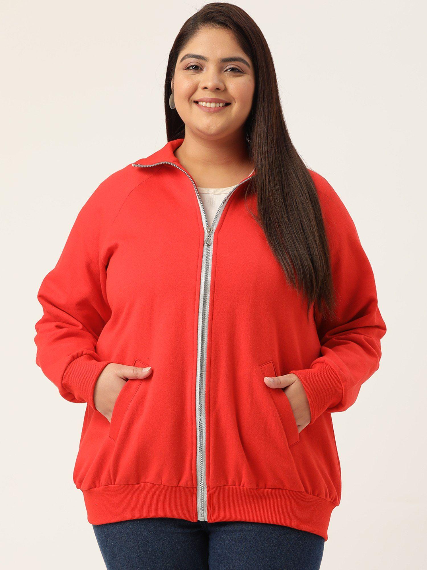 plus size womens red solid color longline sporty winter jacket