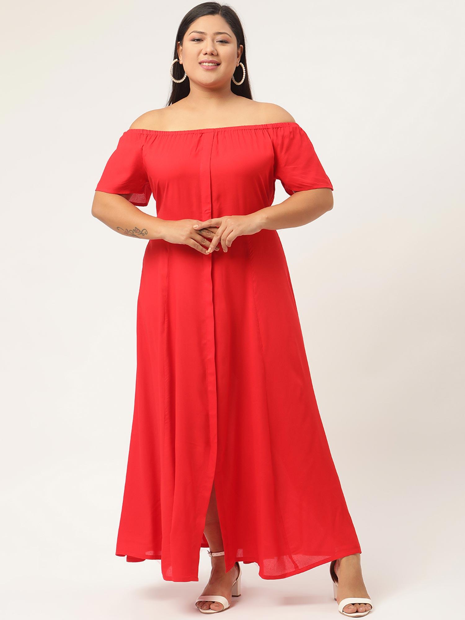 plus size womens red solid color off-shoulder maxi dress