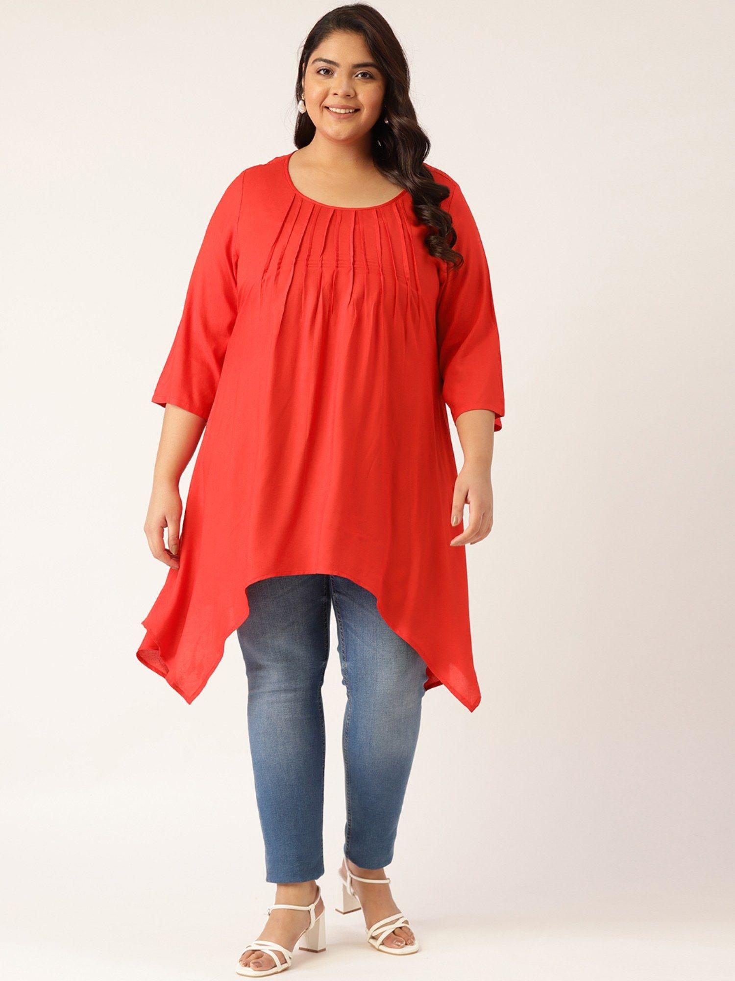 plus size womens red solid color pleated longline top