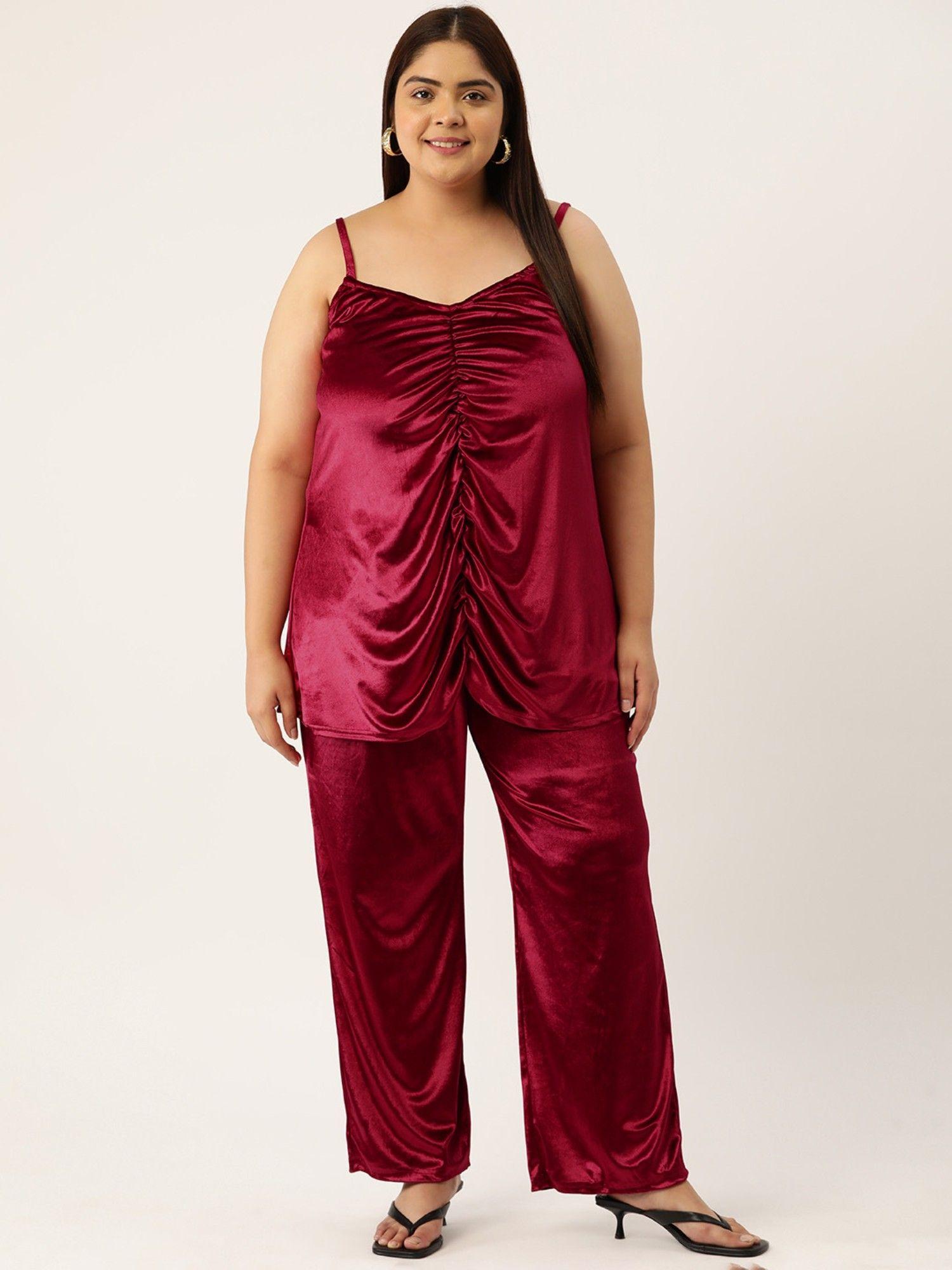 plus size womens red solid color velvet top with trouser (set of 2)