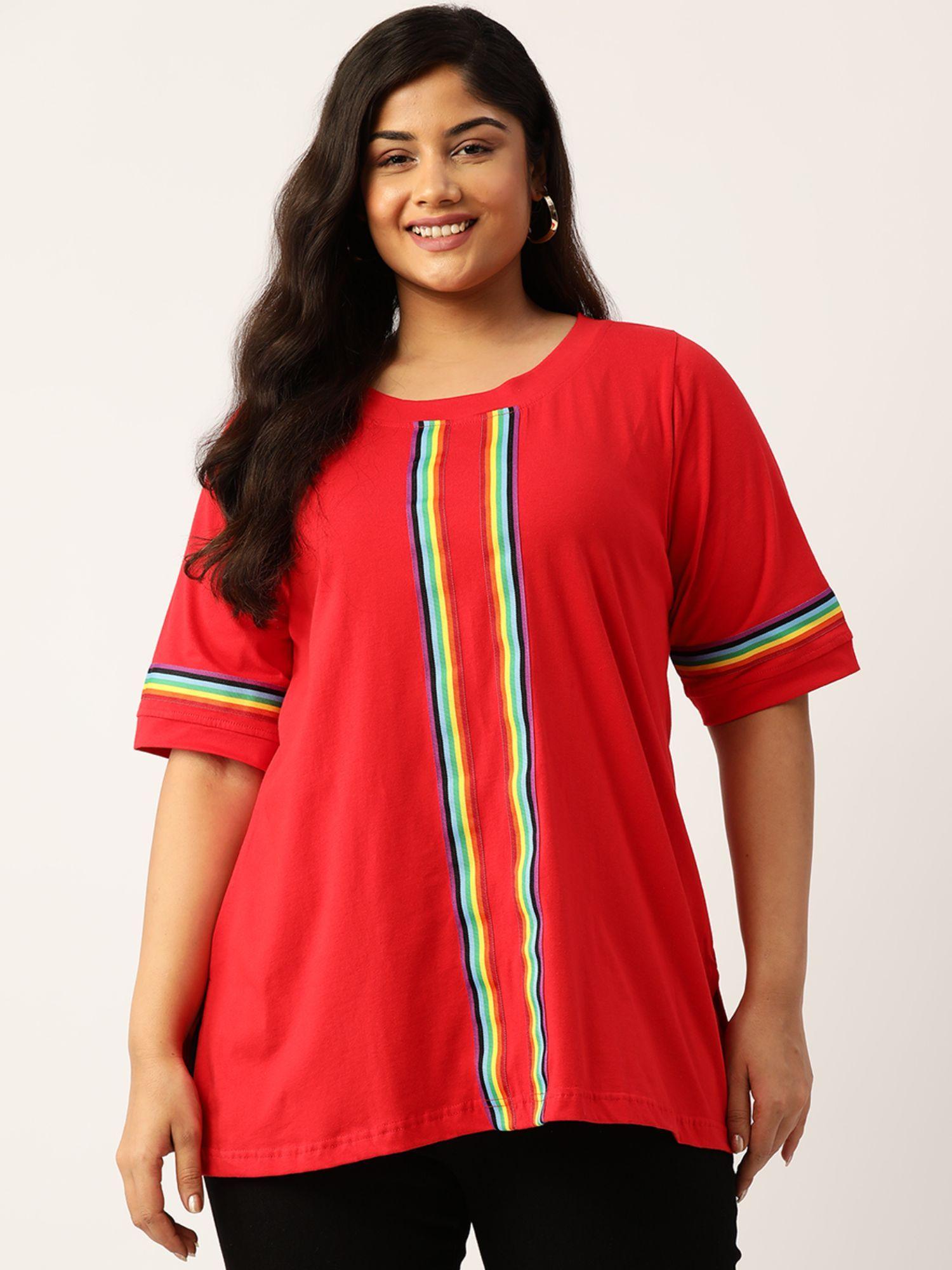 plus size womens red solid color with striped detail cotton t shirt