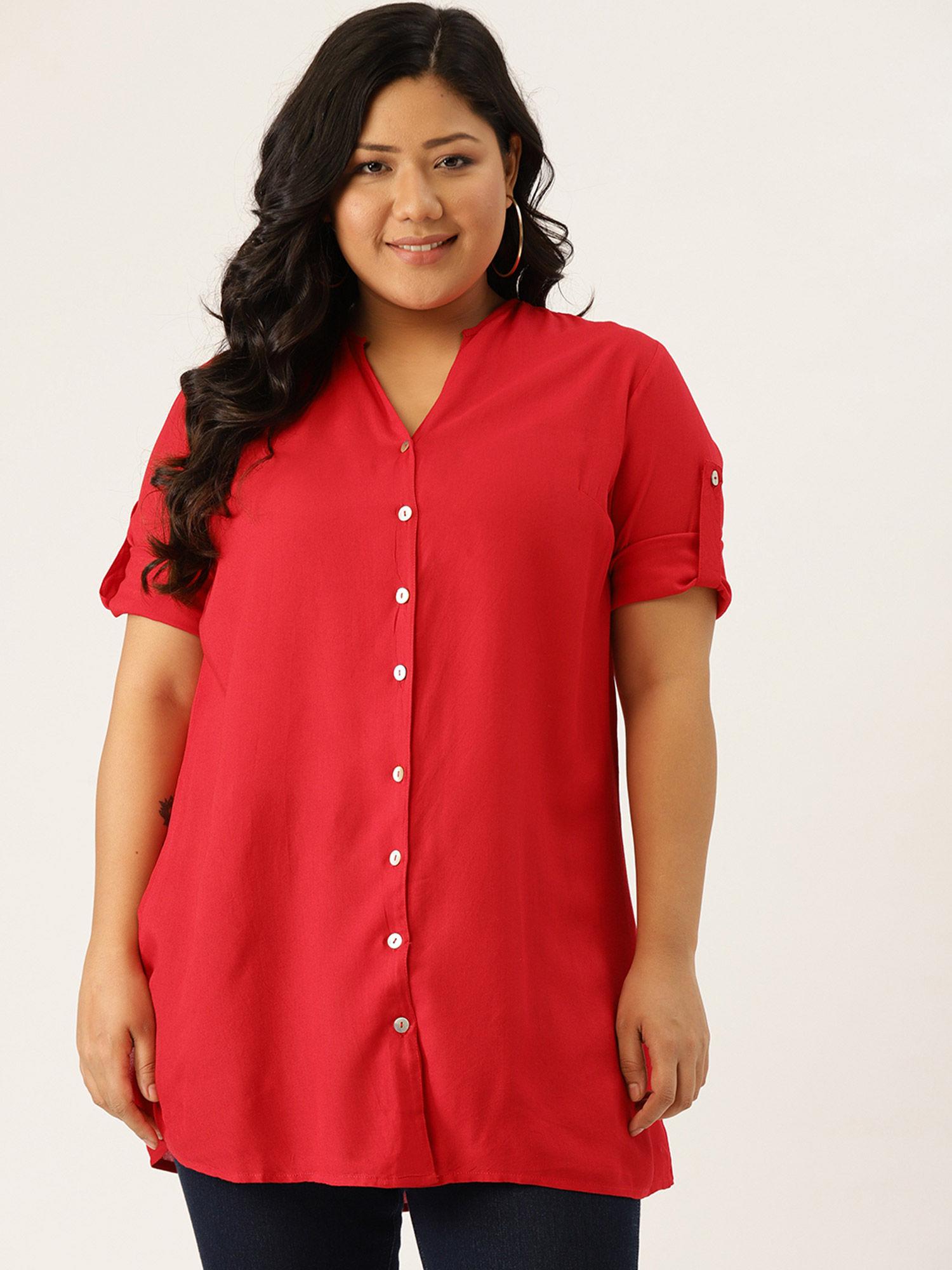 plus size womens red solid colour longline casual shirt