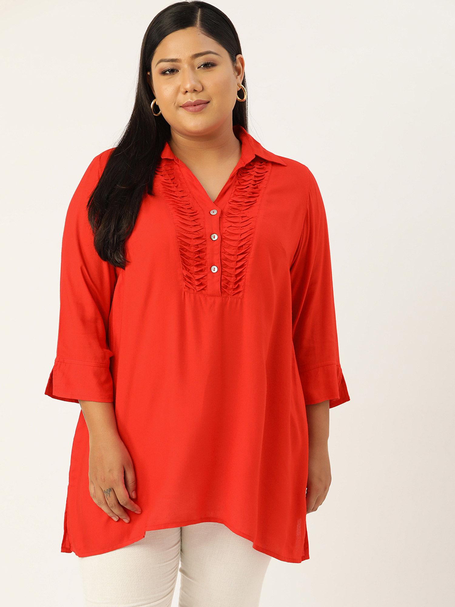 plus size womens red solid colour shirt collar tunic top