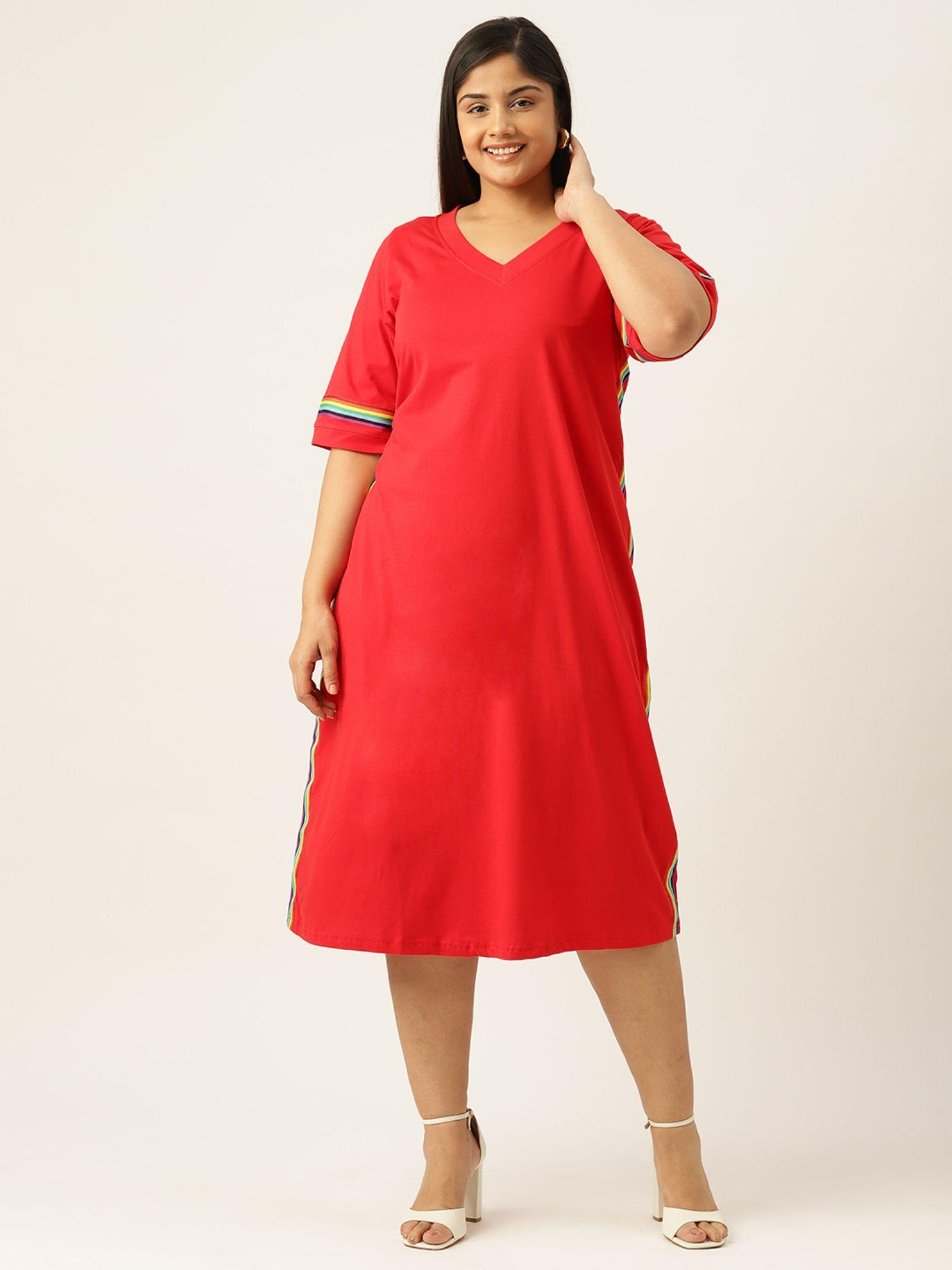 plus size womens red solid cotton knitted a-line dress