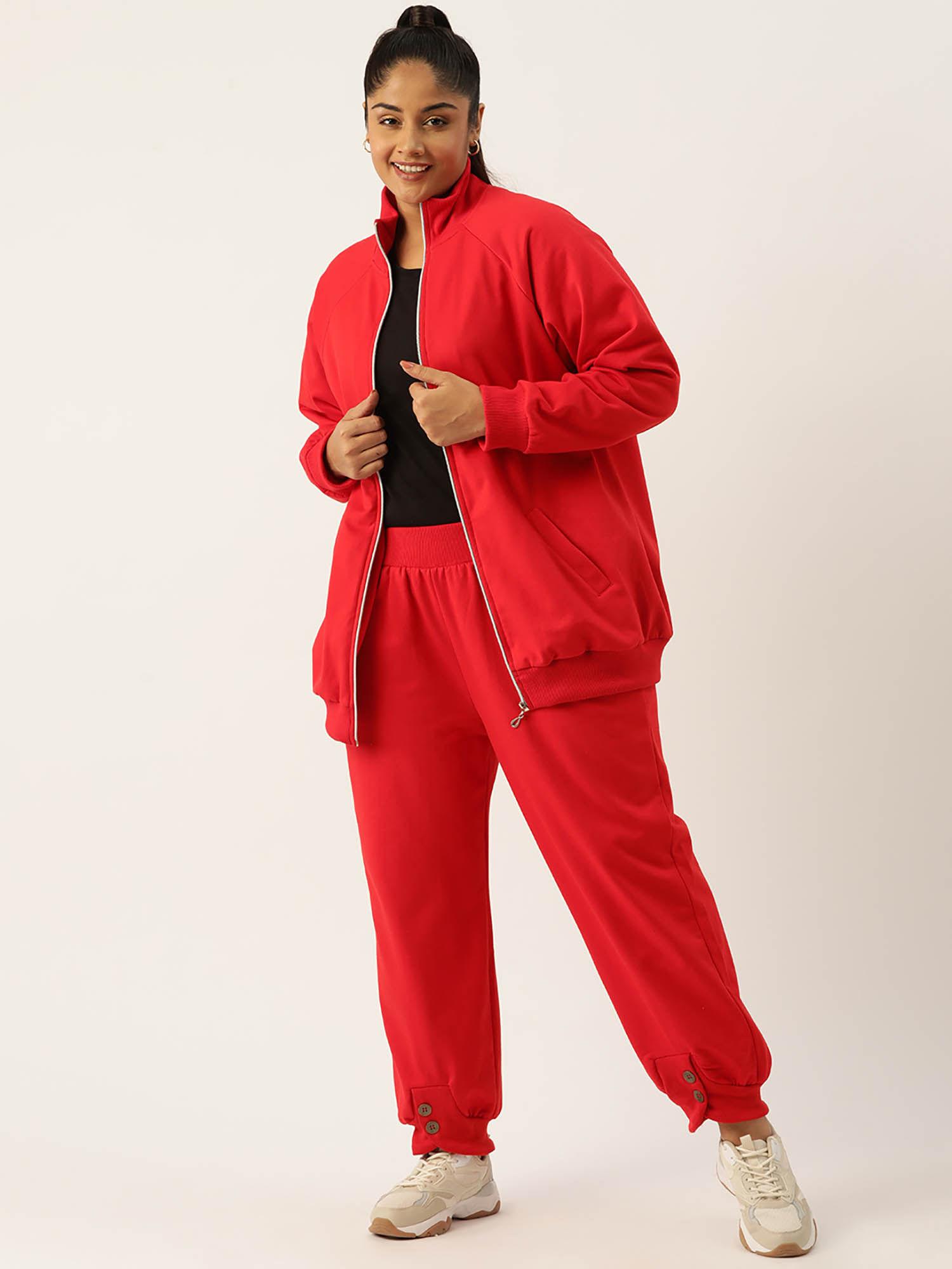 plus size womens red solid high neck sweatshirt with trousers (set of 2)