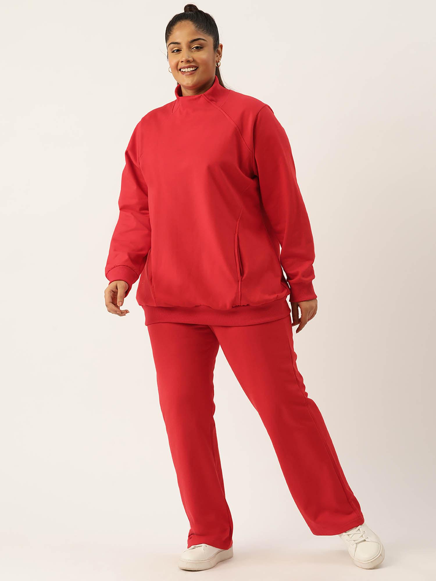 plus size womens red solid ribbed sweatshirt with trousers (set of 2)