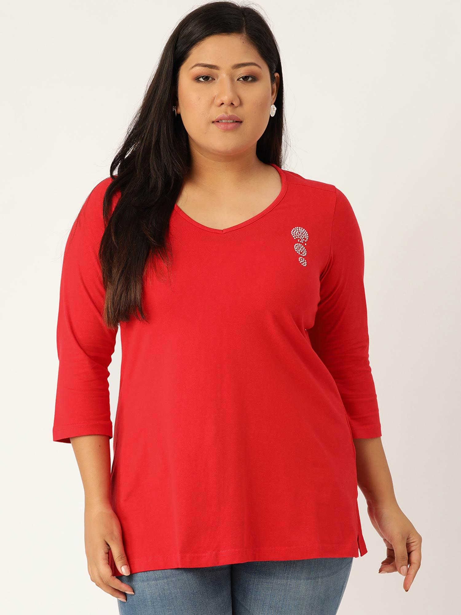 plus size womens red solid v-neck 3/4th sleeve t-shirt