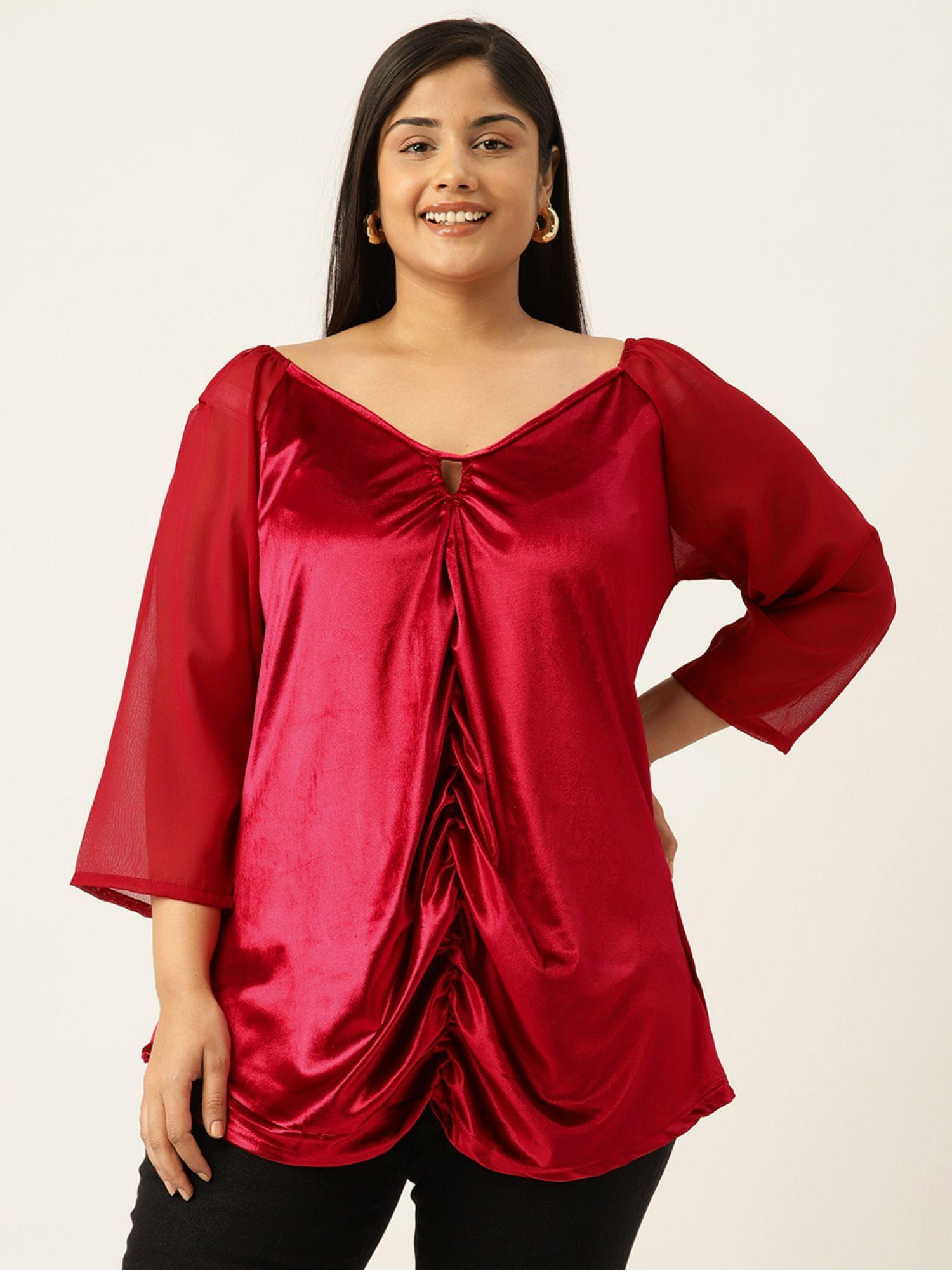 plus size womens red solid velvet longline top