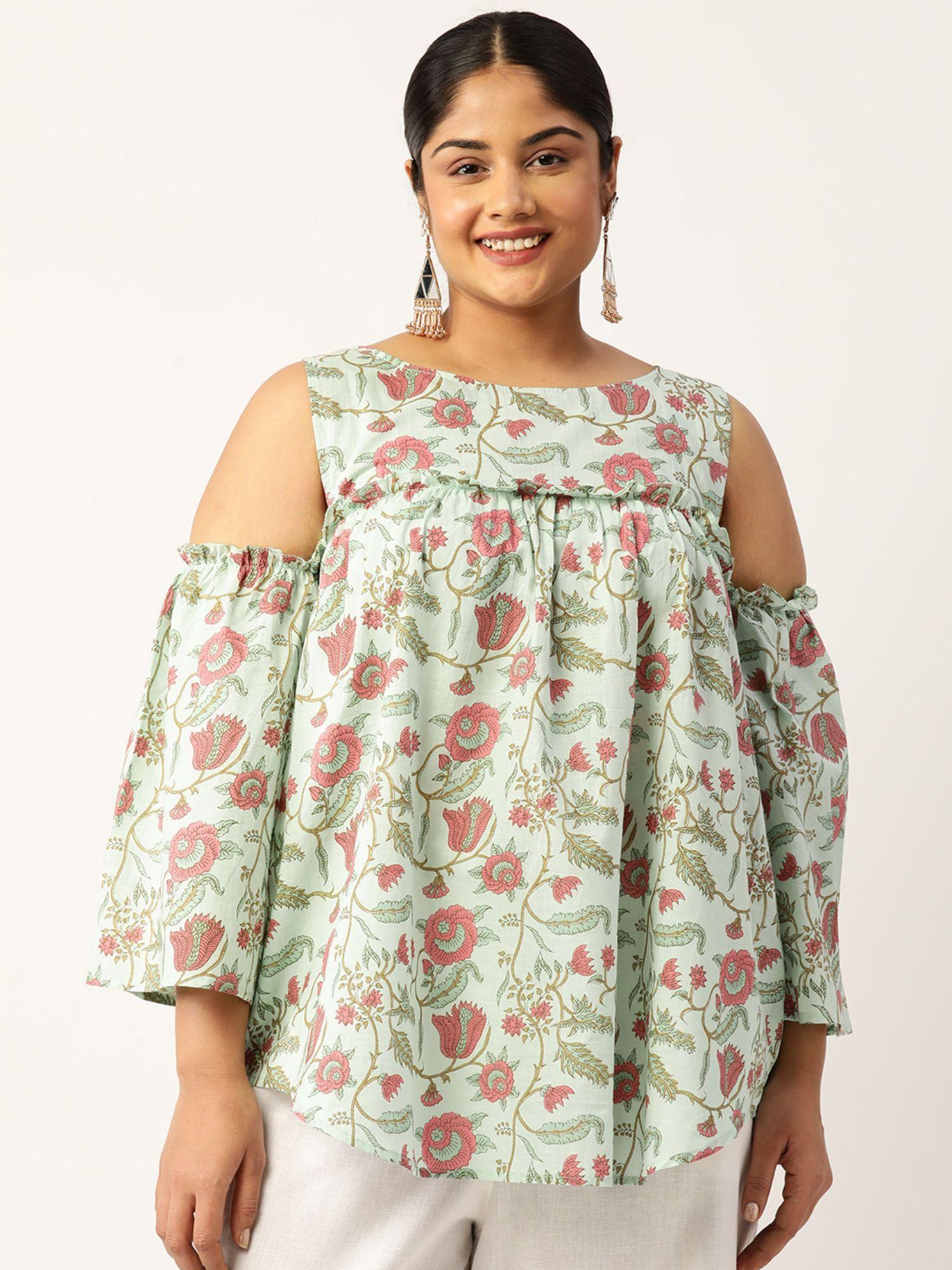 plus size womens sea green floral print cotton longline top