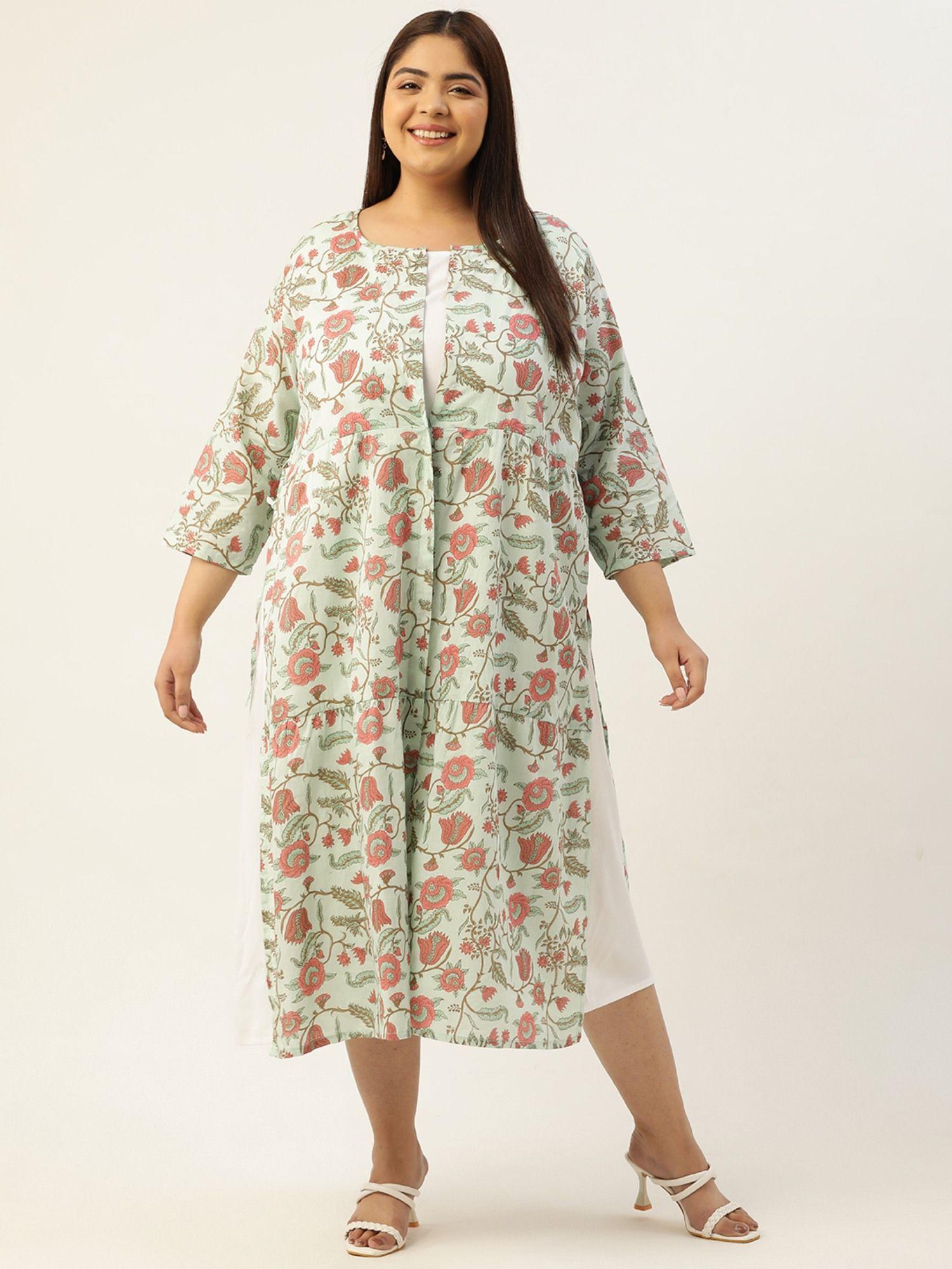 plus size womens sea green floral print layered a-line midi dress