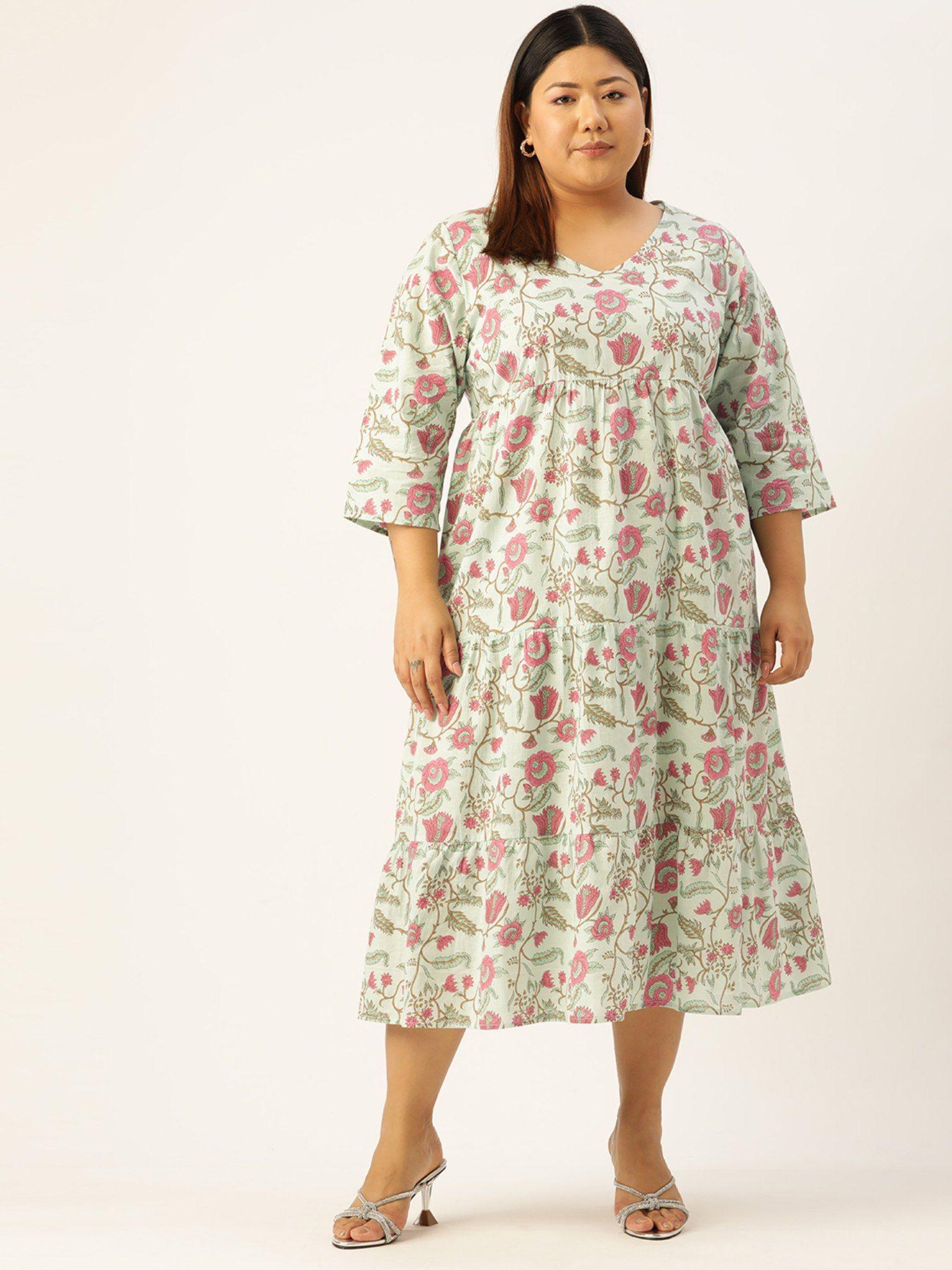 plus size womens sea green floral printed a-line cotton dress