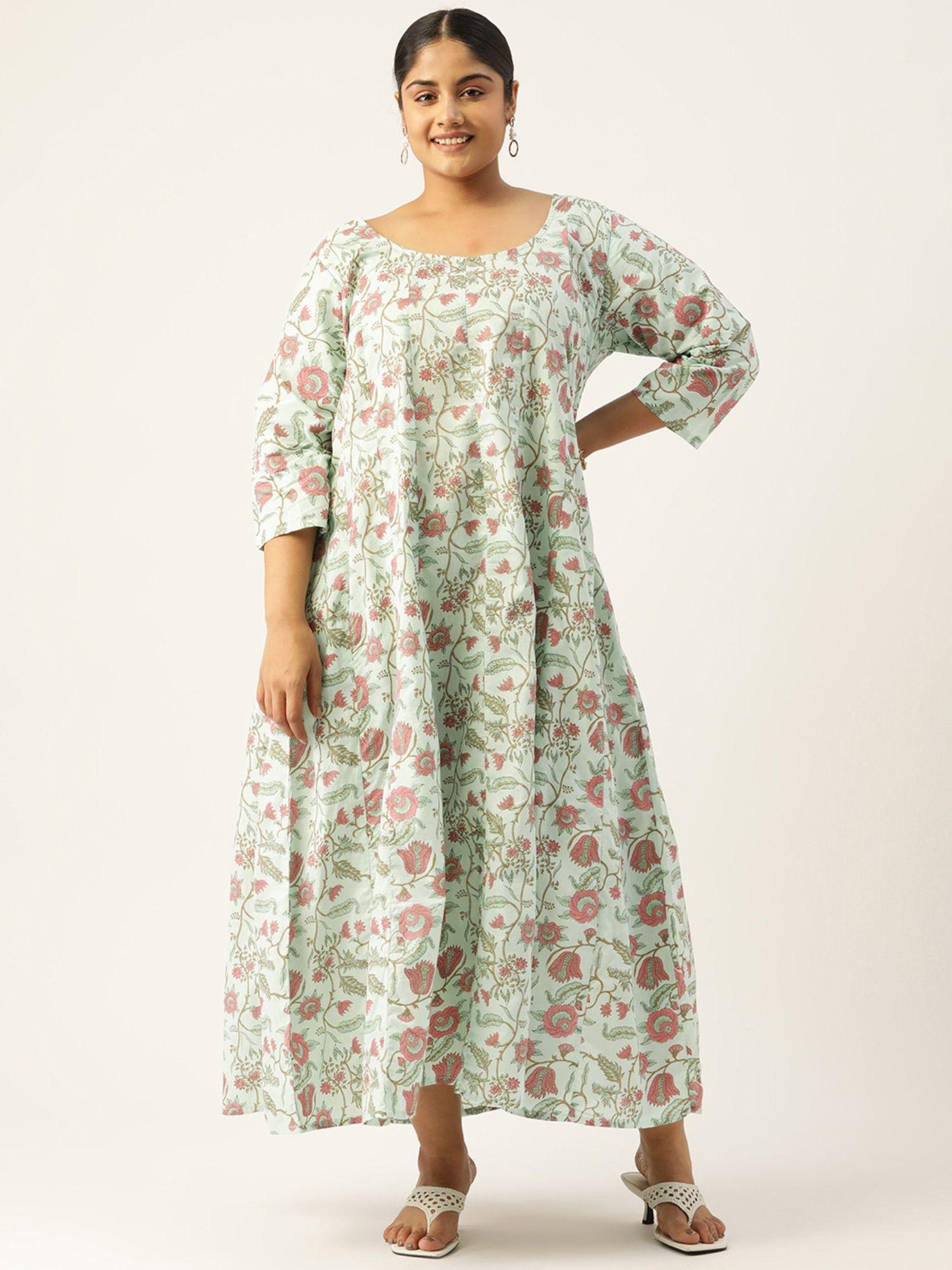 plus size womens sea green floral printed a-line maxi dress