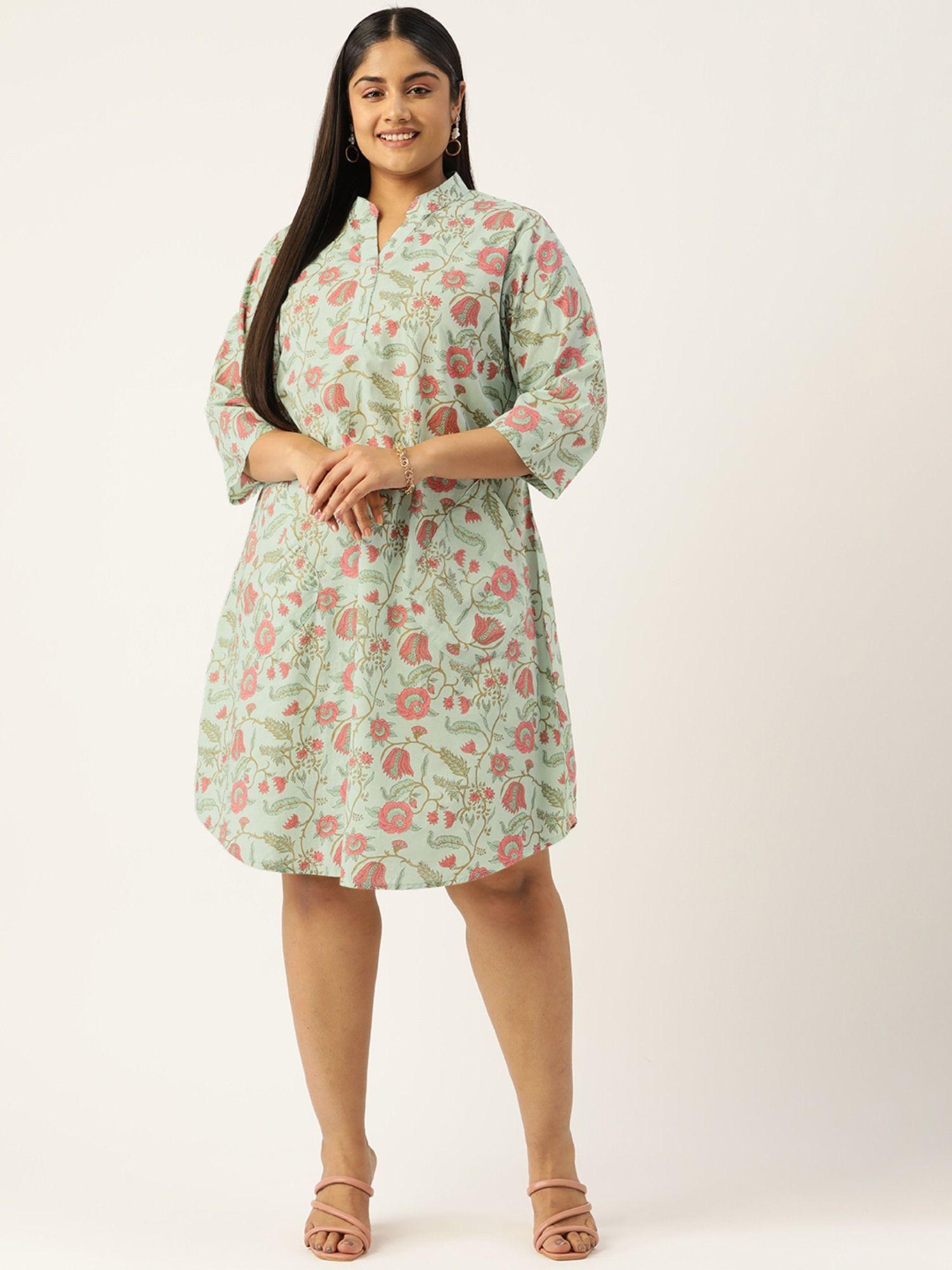 plus size womens sea green floral printed curved hem midi dress