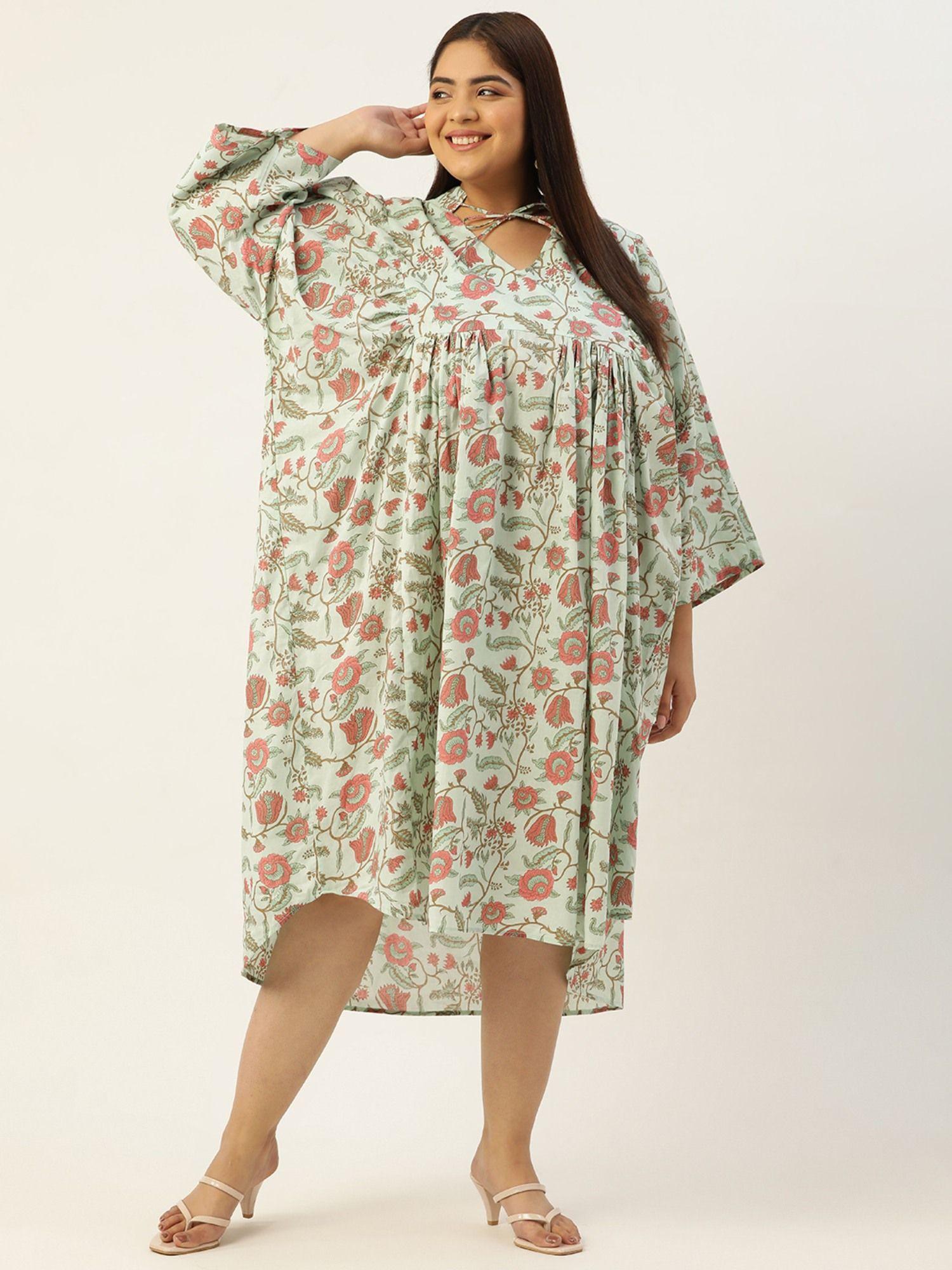 plus size womens sea green floral printed kaftan midi dress