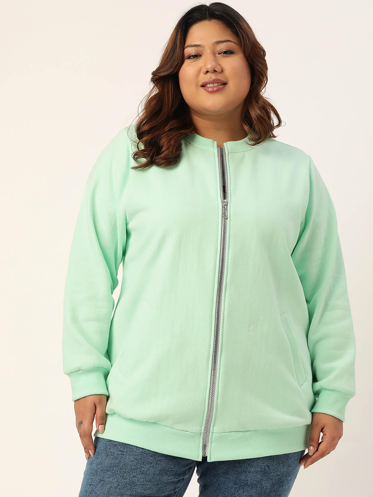 plus size womens sea green solid color bomber fleece jacket