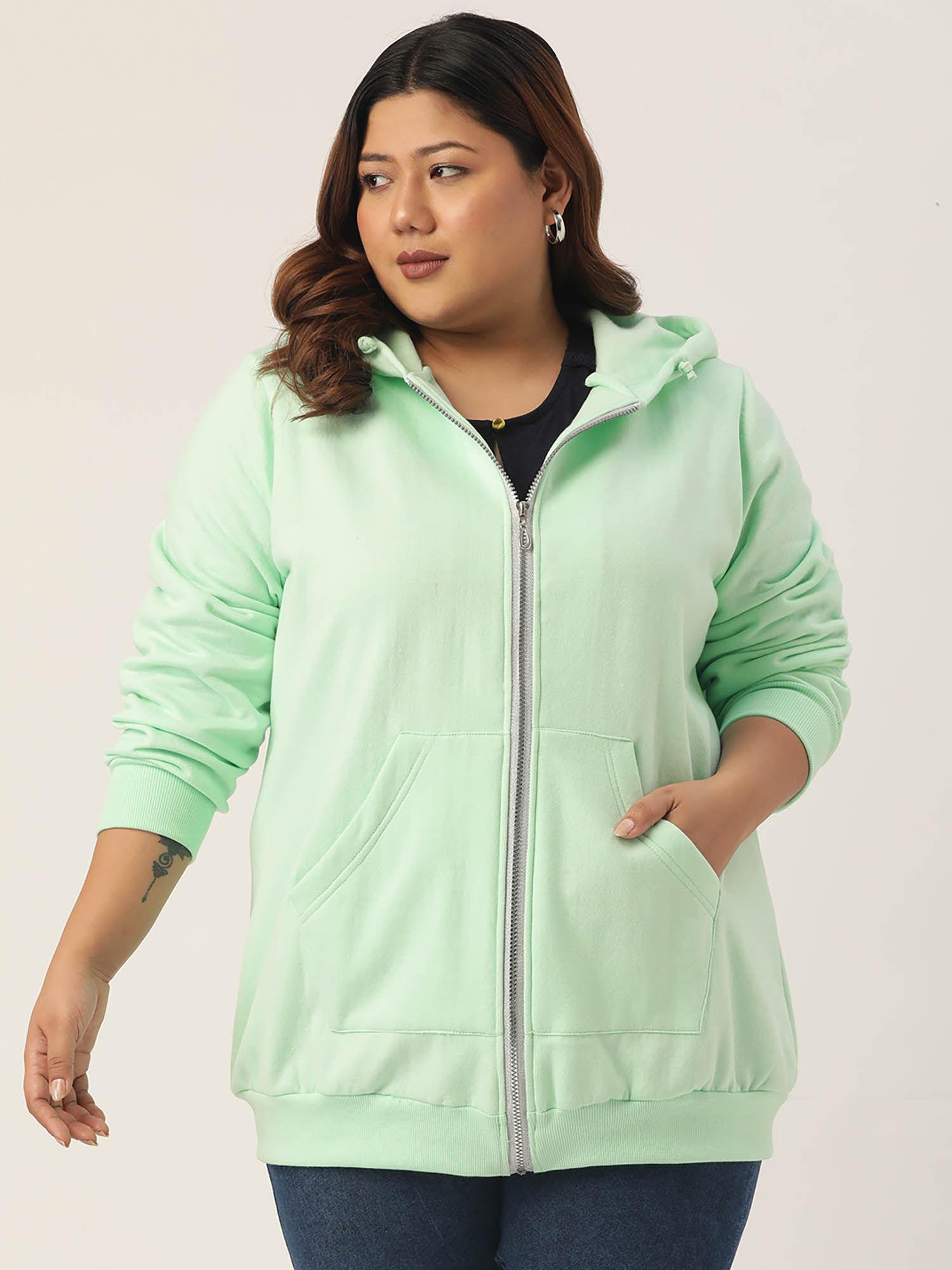 plus size womens sea green solid color hooded fleece jacket