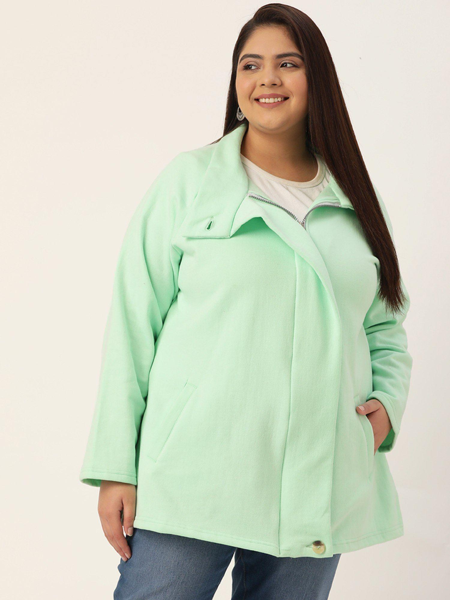 plus size womens sea green solid color longline tailored winter jacket