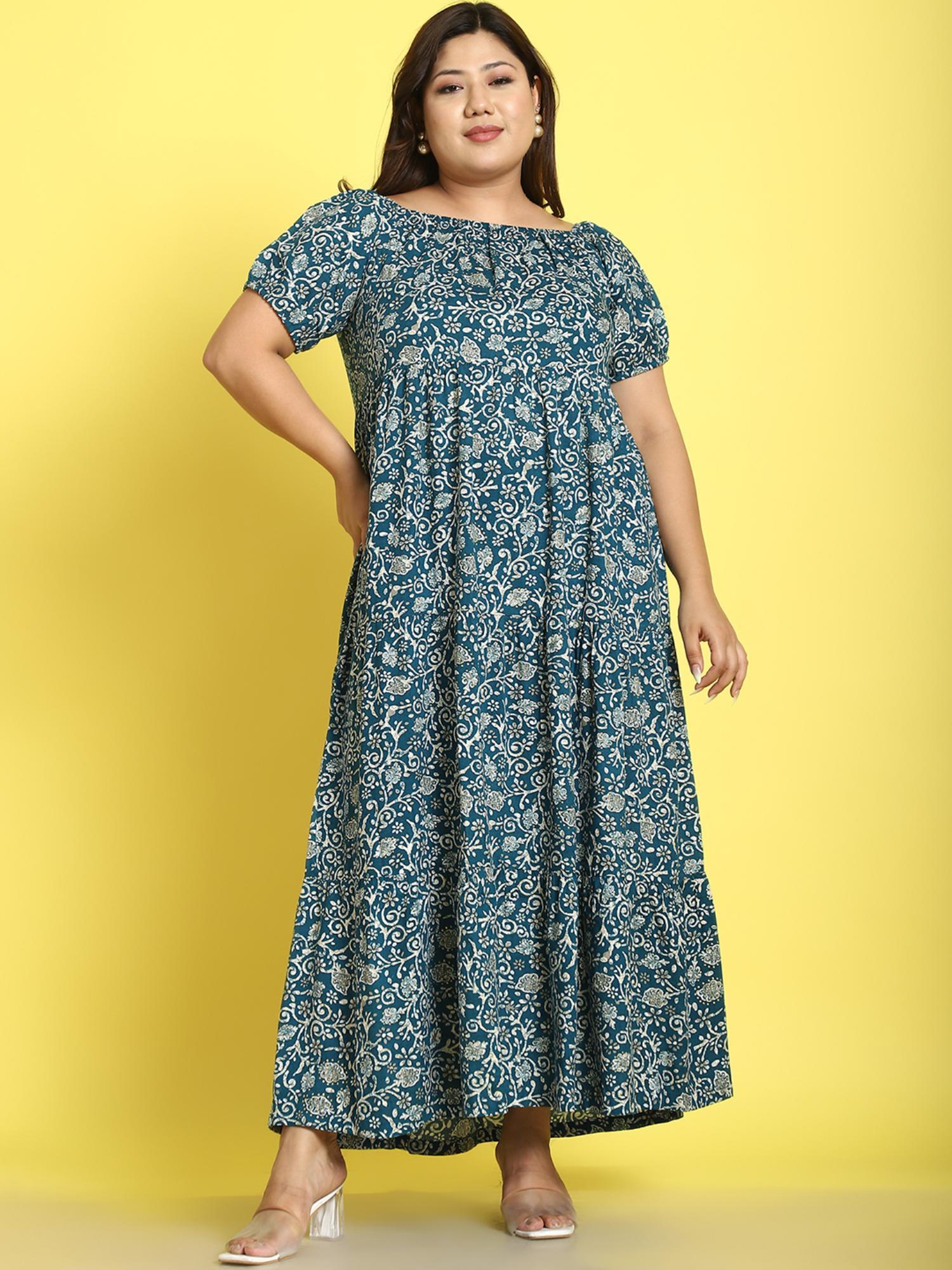 plus size womens teal batik floral printed a-line maxi dress