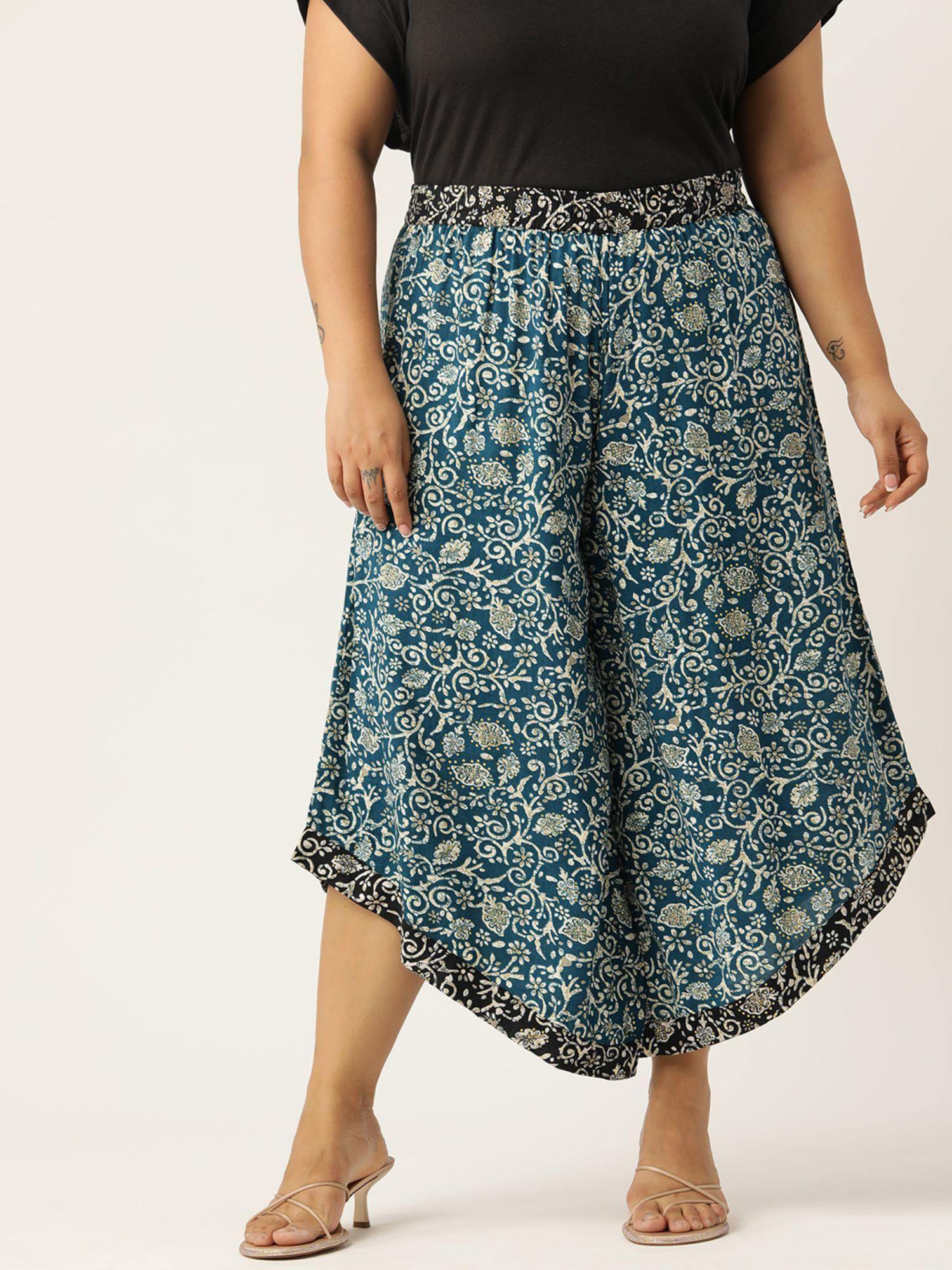 plus size womens teal batik floral printed high-rise relaxed culottes