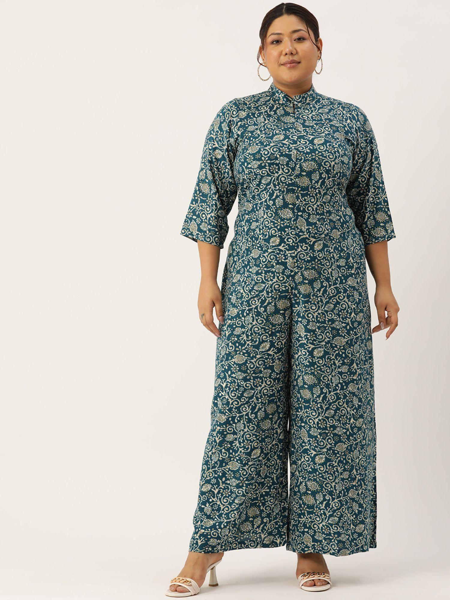 plus size womens teal batik floral printed mandarin collar jumpsuit