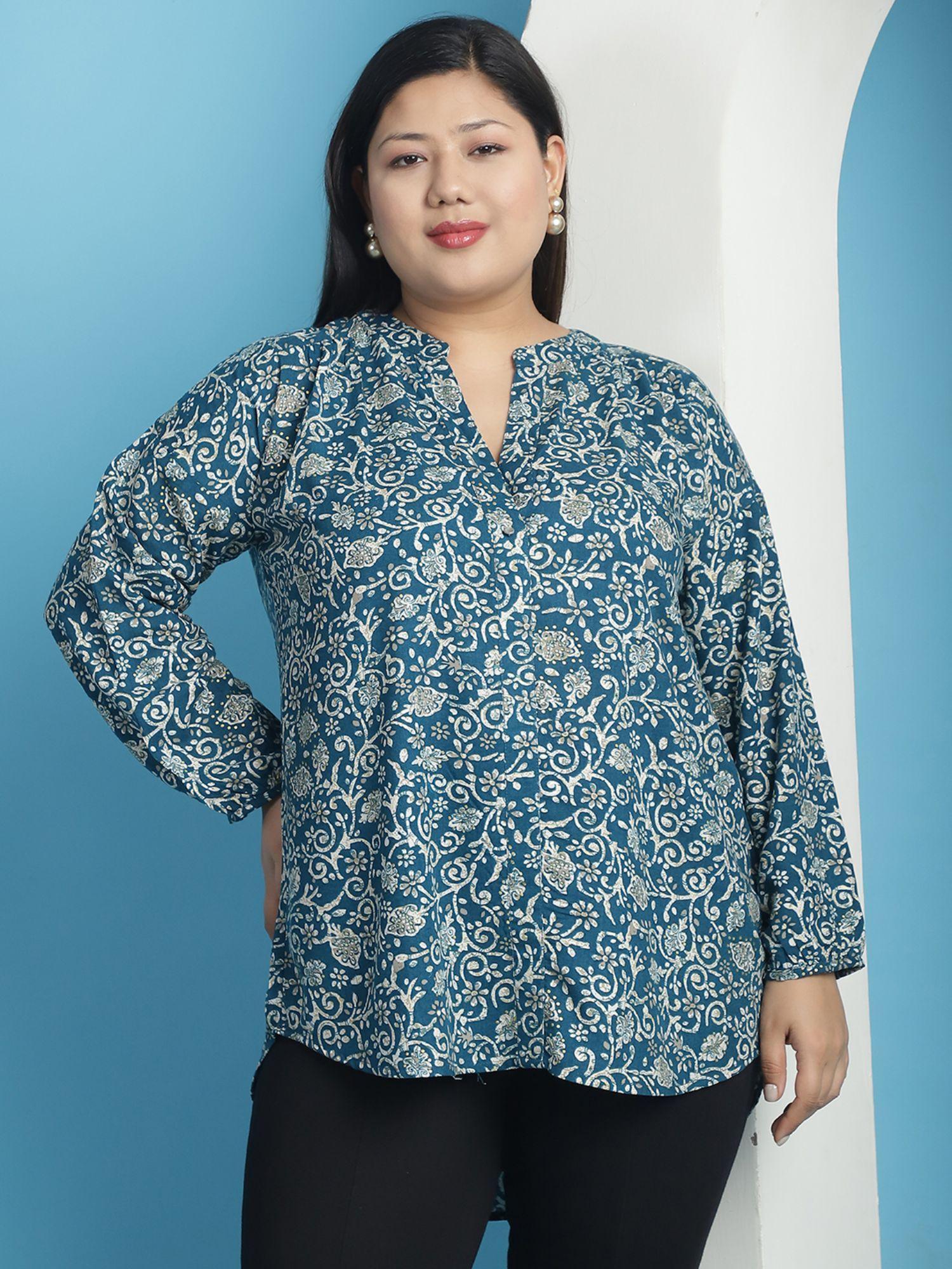 plus size womens teal batik floral printed mandarin collar tunic