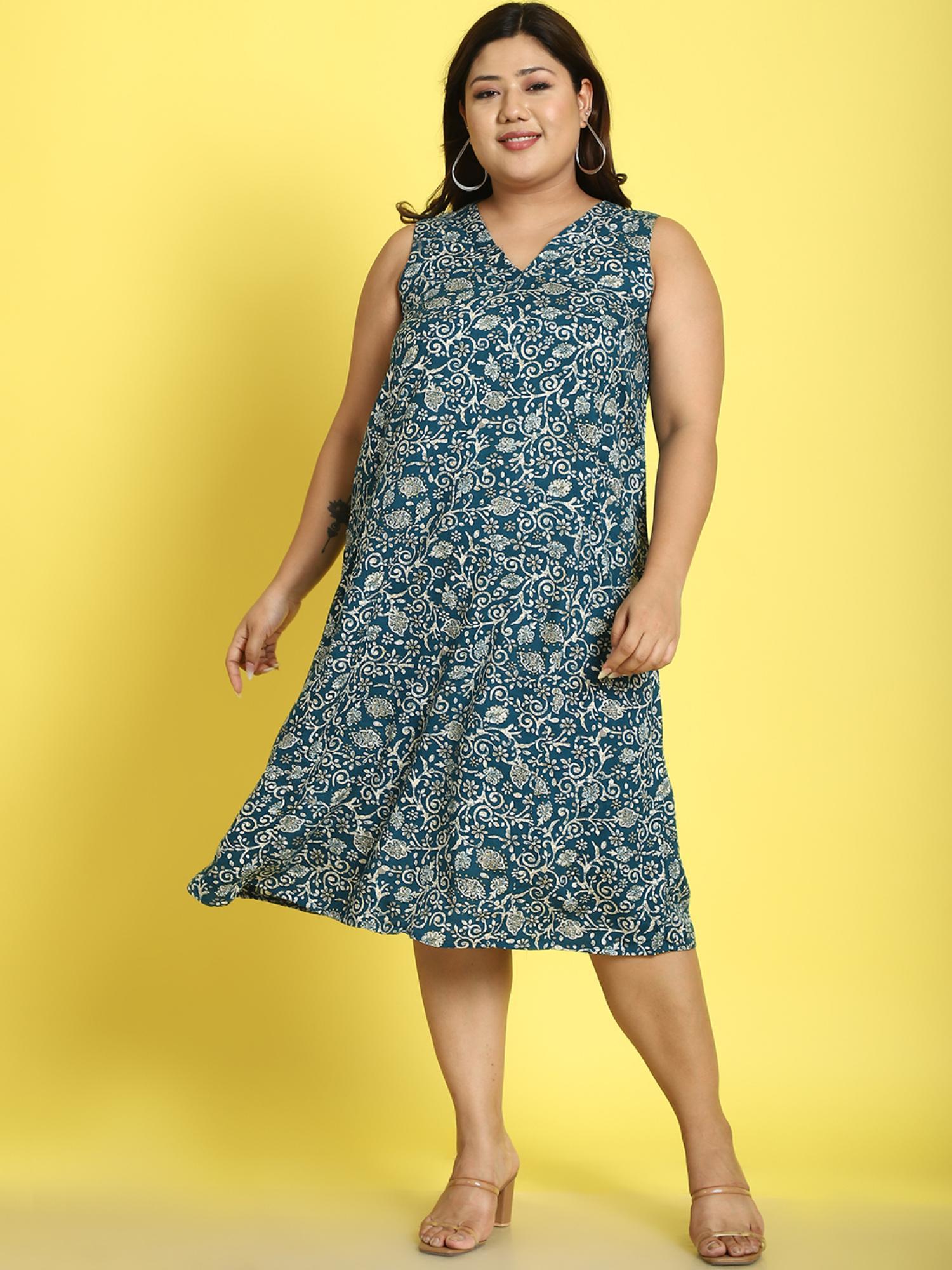 plus size womens teal batik floral printed midi dress