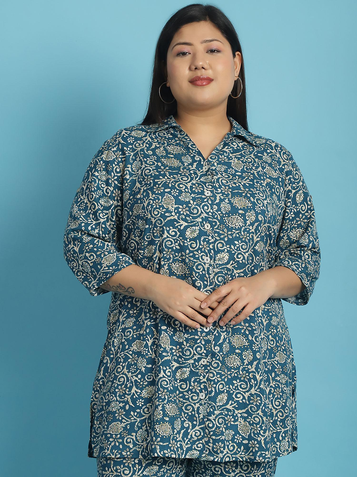 plus size womens teal batik printed casual shirt