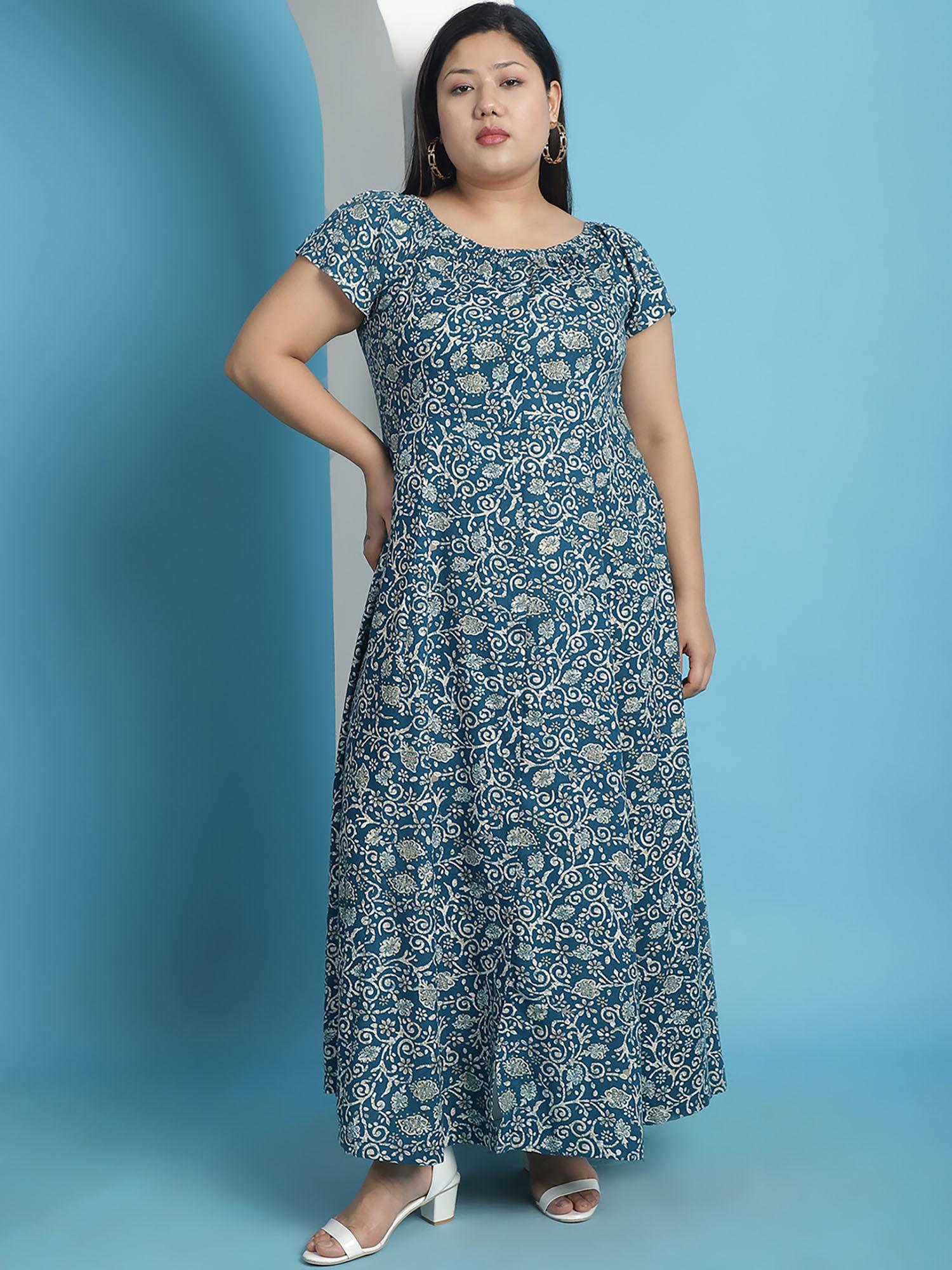 plus size womens teal floral batik printed a-line maxi dress