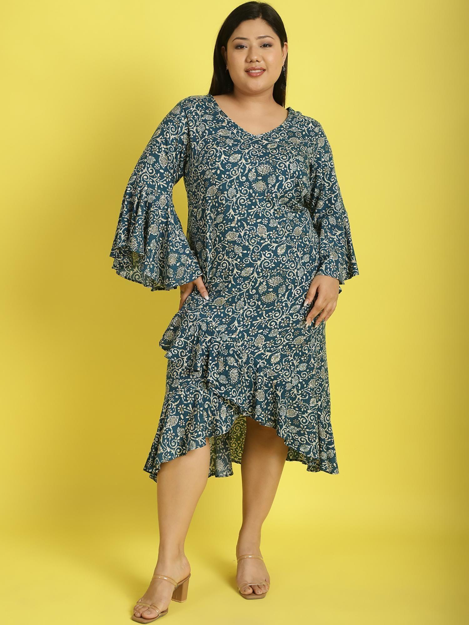 plus size womens teal floral batik printed a-line midi dress