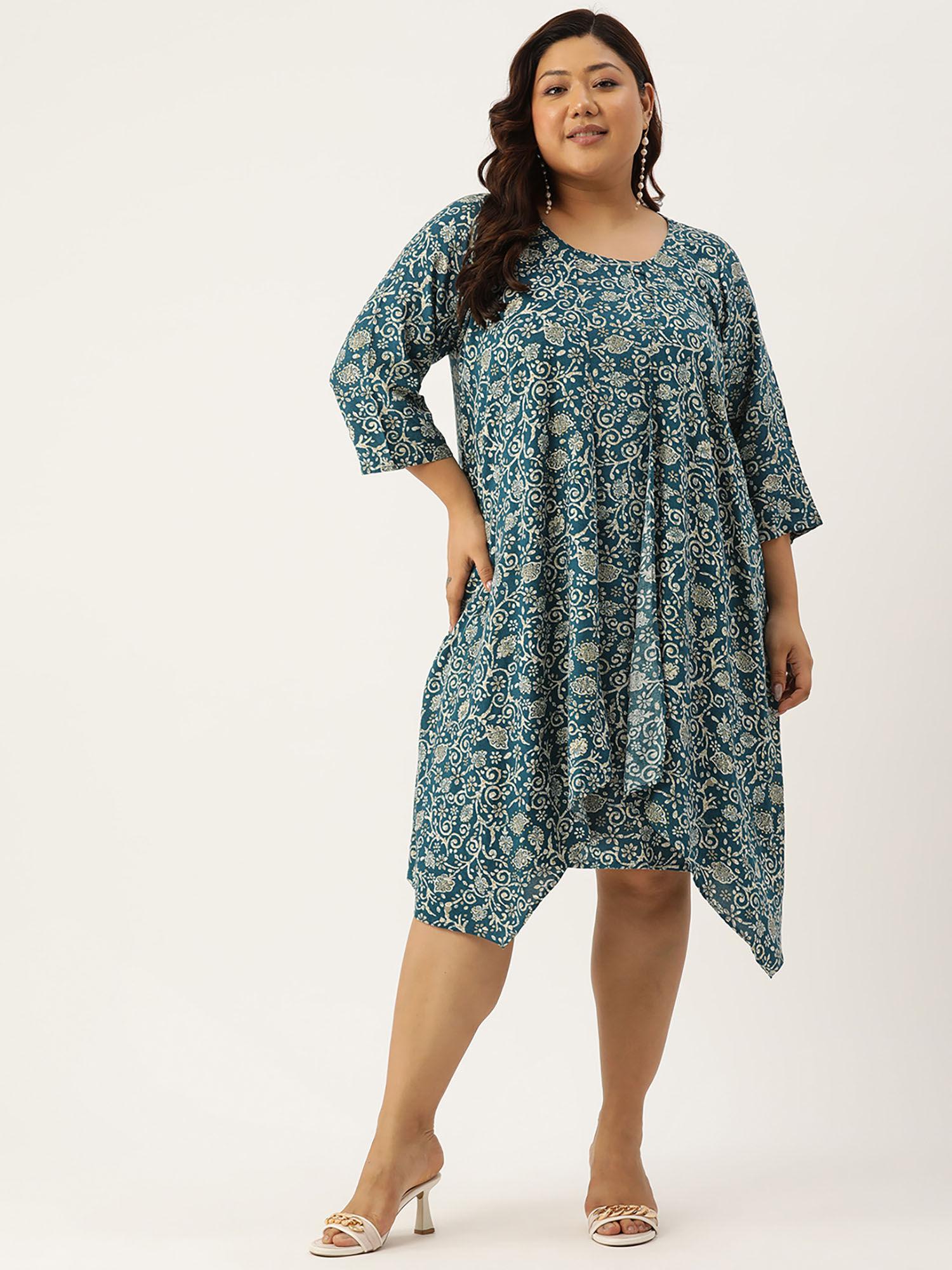 plus size womens teal floral batik printed layered knee length dress