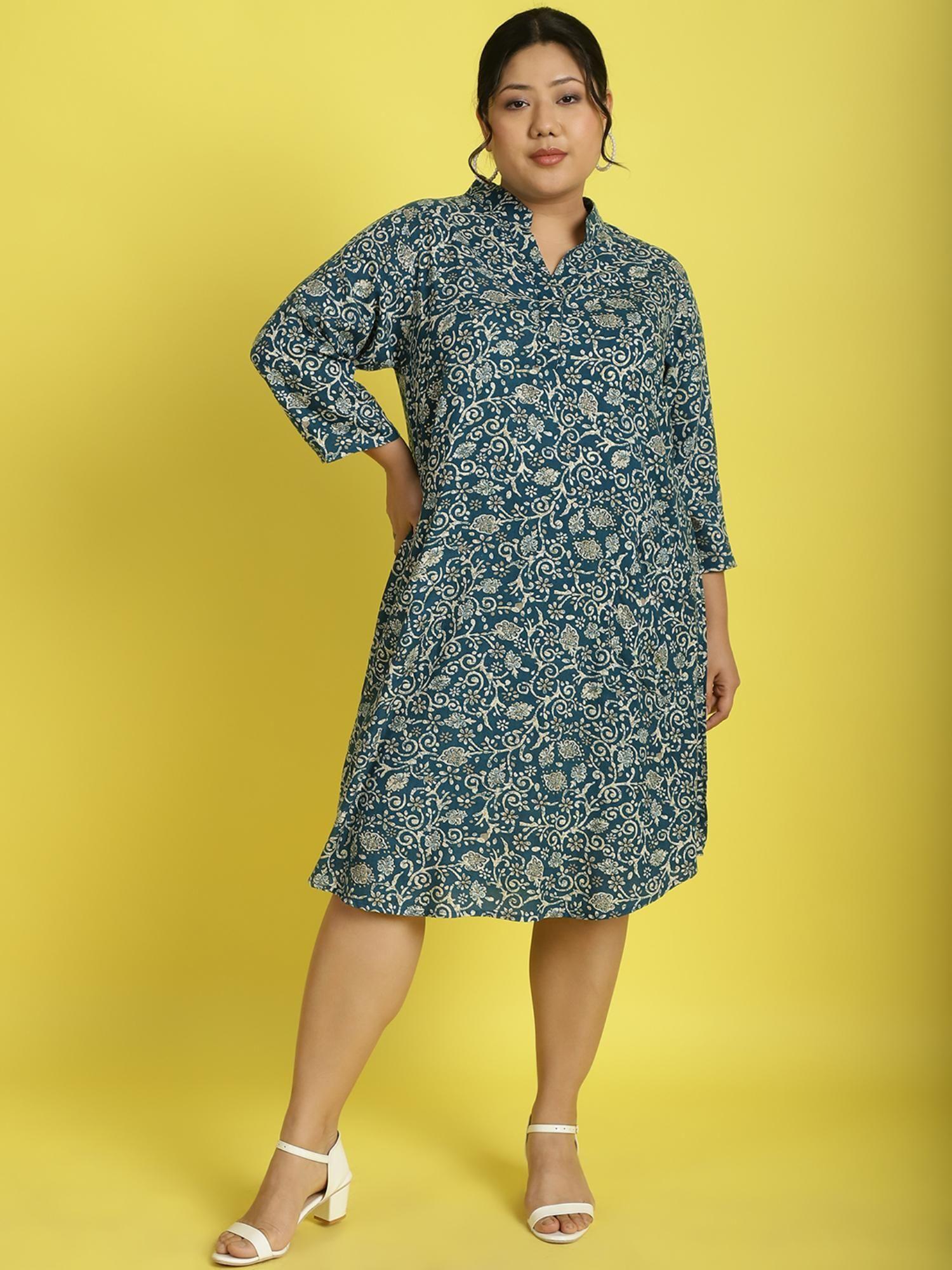 plus size womens teal floral batik printed shirt knee length dress