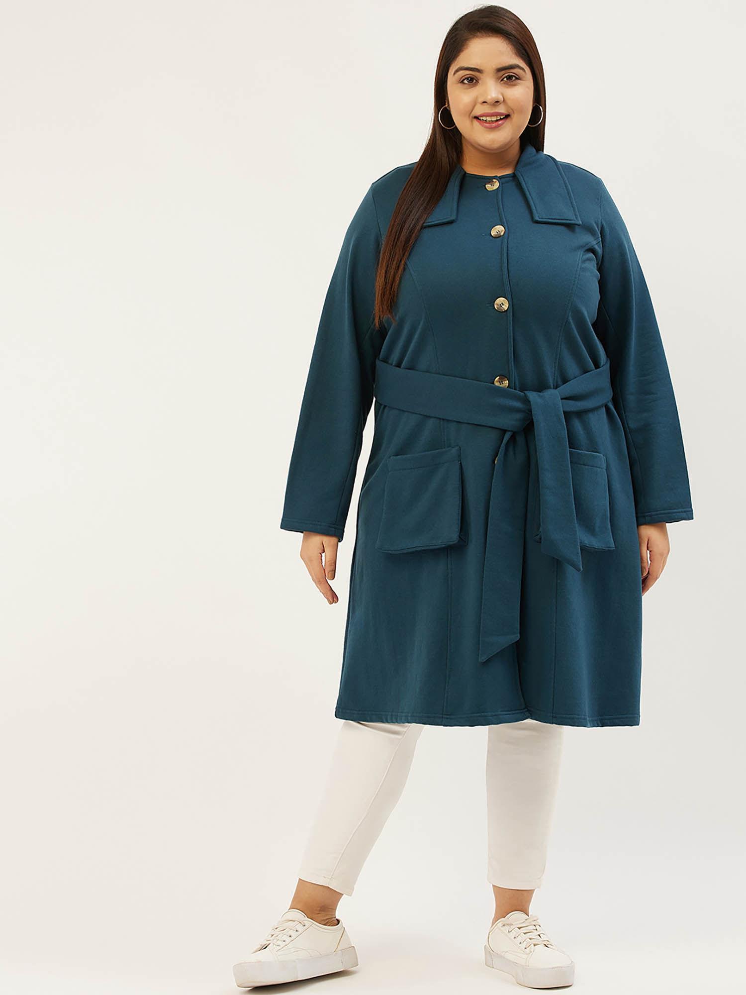 plus size womens teal solid color longline coat (set of 2)