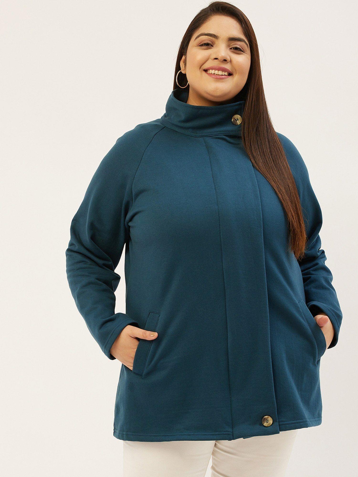 plus size womens teal solid color longline tailored winter jacket