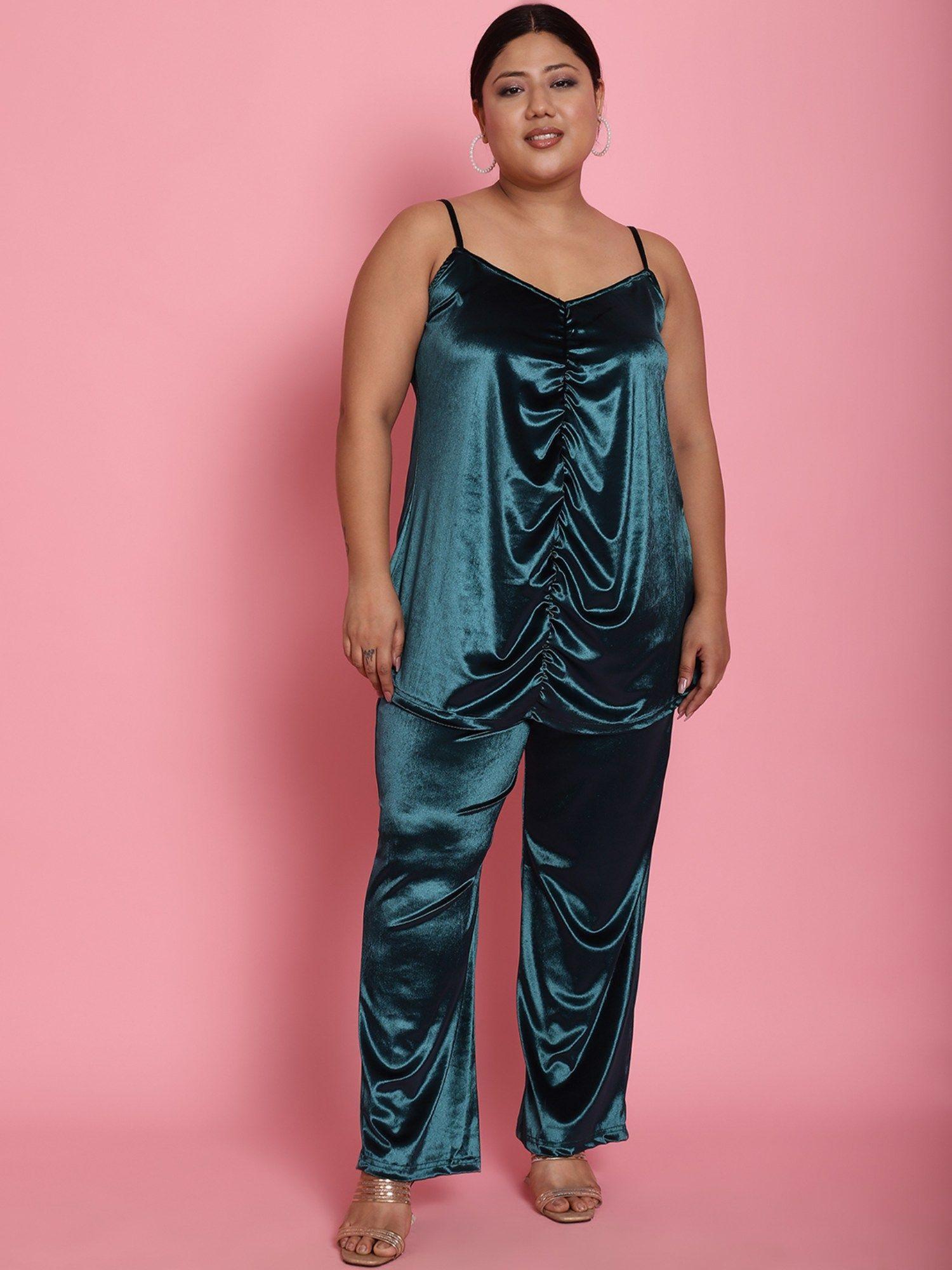 plus size womens teal solid color velvet gathered top with trousers (set of 2)