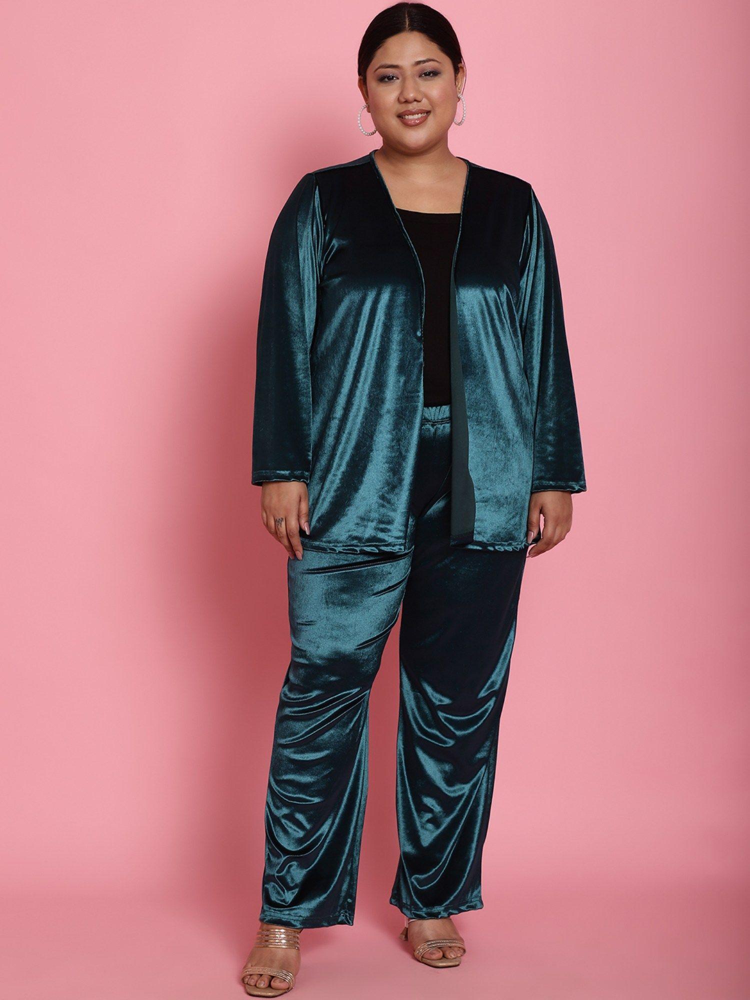 plus size womens teal solid color velvet shrug with trousers (set of 2)