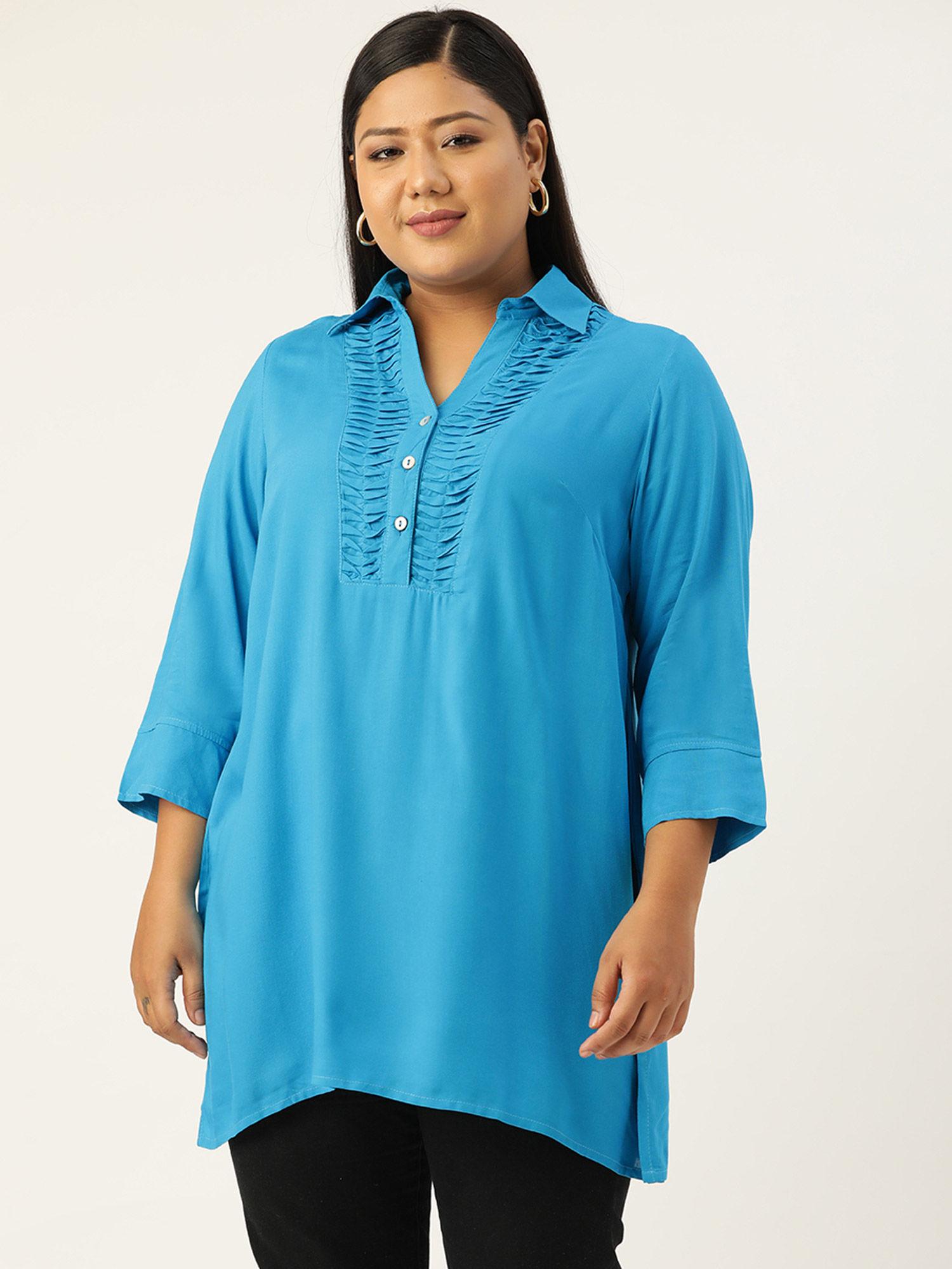 plus size womens teal solid colour shirt collar tunic top