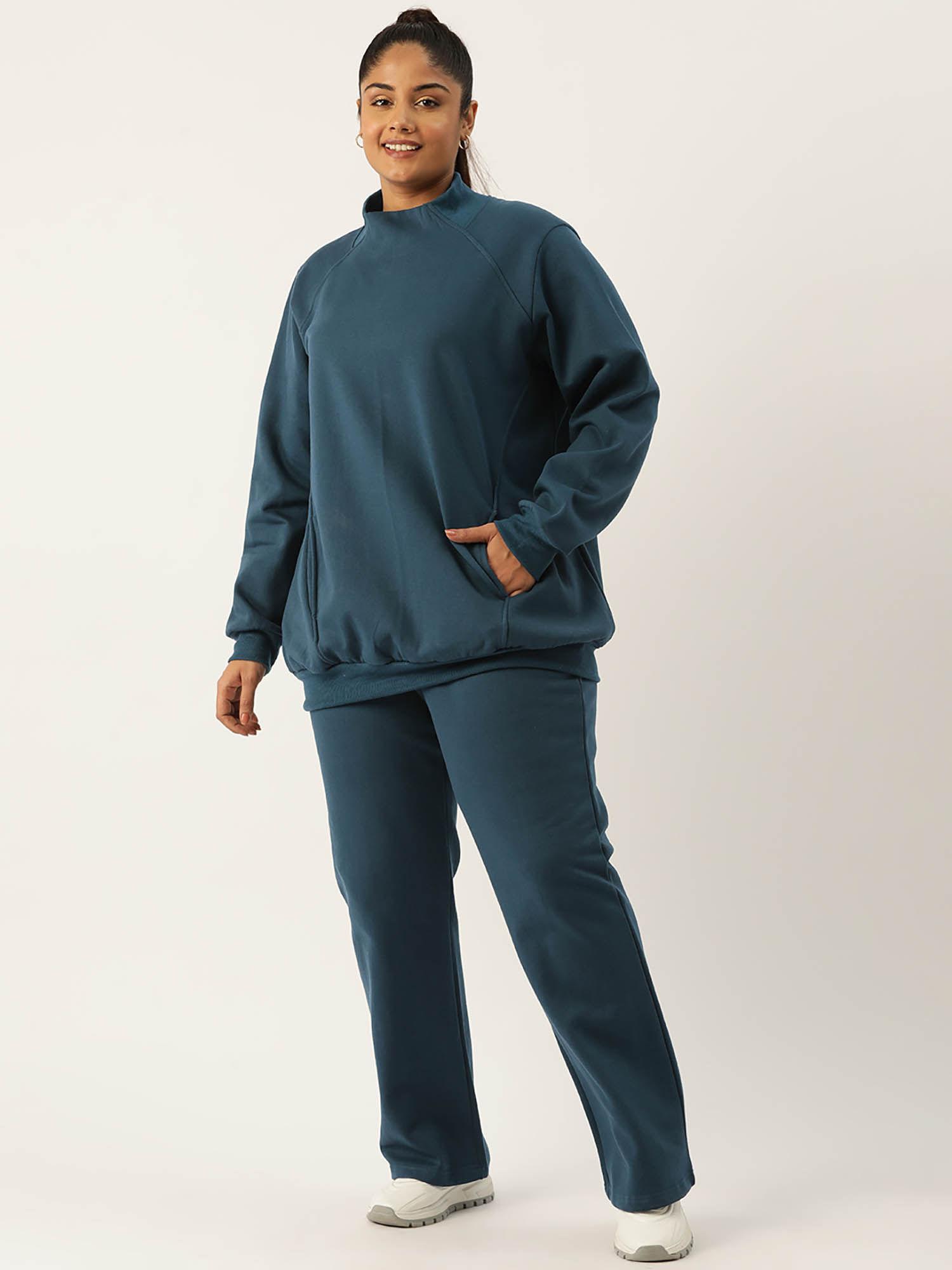 plus size womens teal solid ribbed sweatshirt with trousers (set of 2)